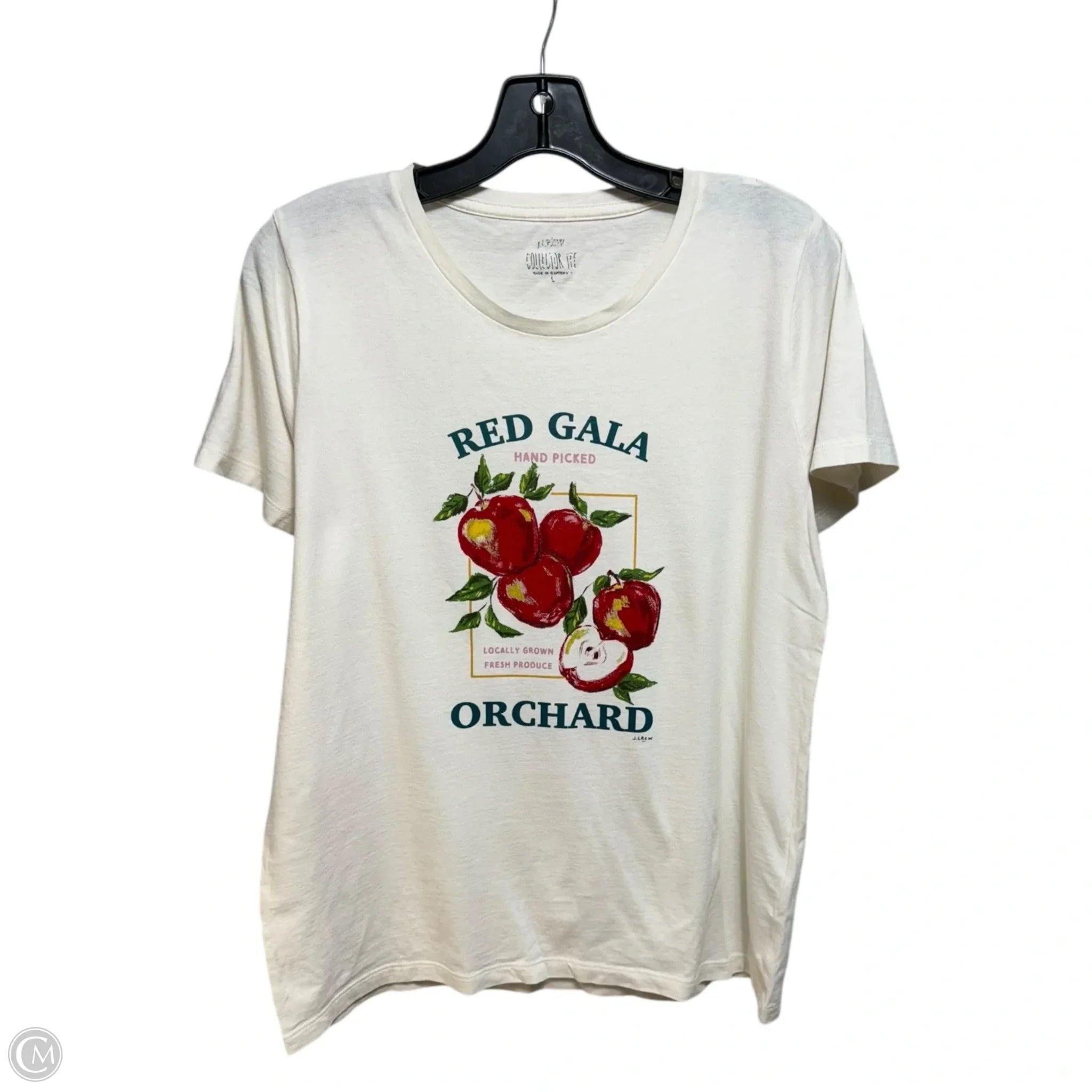 J.Crew Women's Cream Short Sleeve Apple Print Top - Size Large - Casual Summer T-Shirt for Outings & Beach Wear