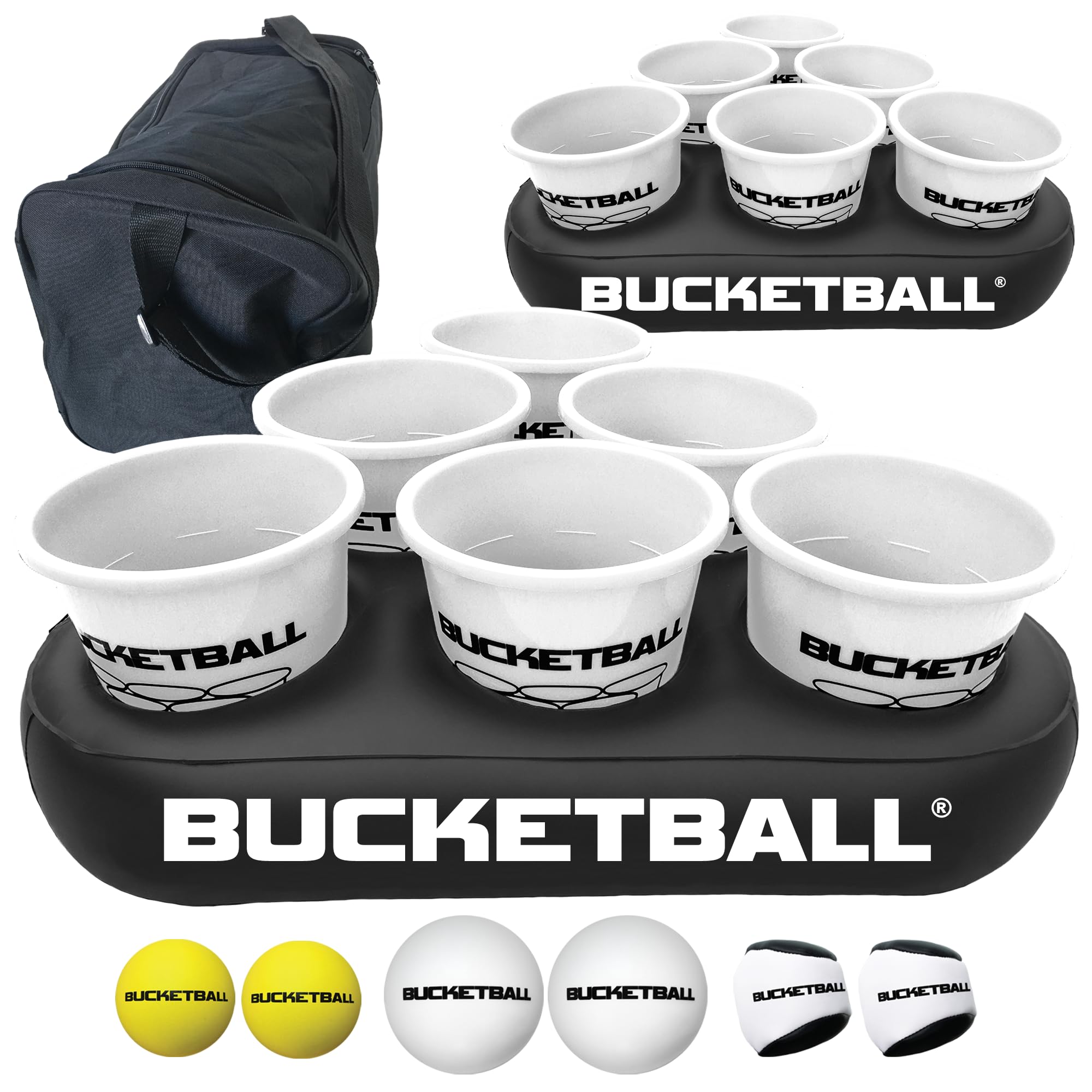 BucketBall Team Color Edition Party Pack (White/White) - Original Outdoor Yard Pong Game Set for Adults & Family - Perfect for Camping, Beach, Lawn, Tailgate Parties & Backyard Fun - Giant Jumbo Size Outdoor Game