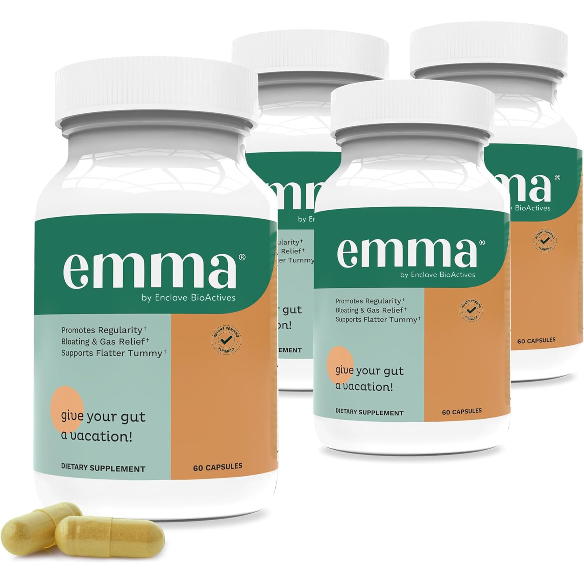Emma Gut Health Probiotics - 4 Pack (240 Capsules) for Gas Relief, Bloating, Constipation & Leaky Gut Repair - Digestive Cleanse & Bowel Regulation - Natural Probiotic Supplement with Laxative Alternative - Supports Gut Health for Active Lifestyles & Digestive Comfort