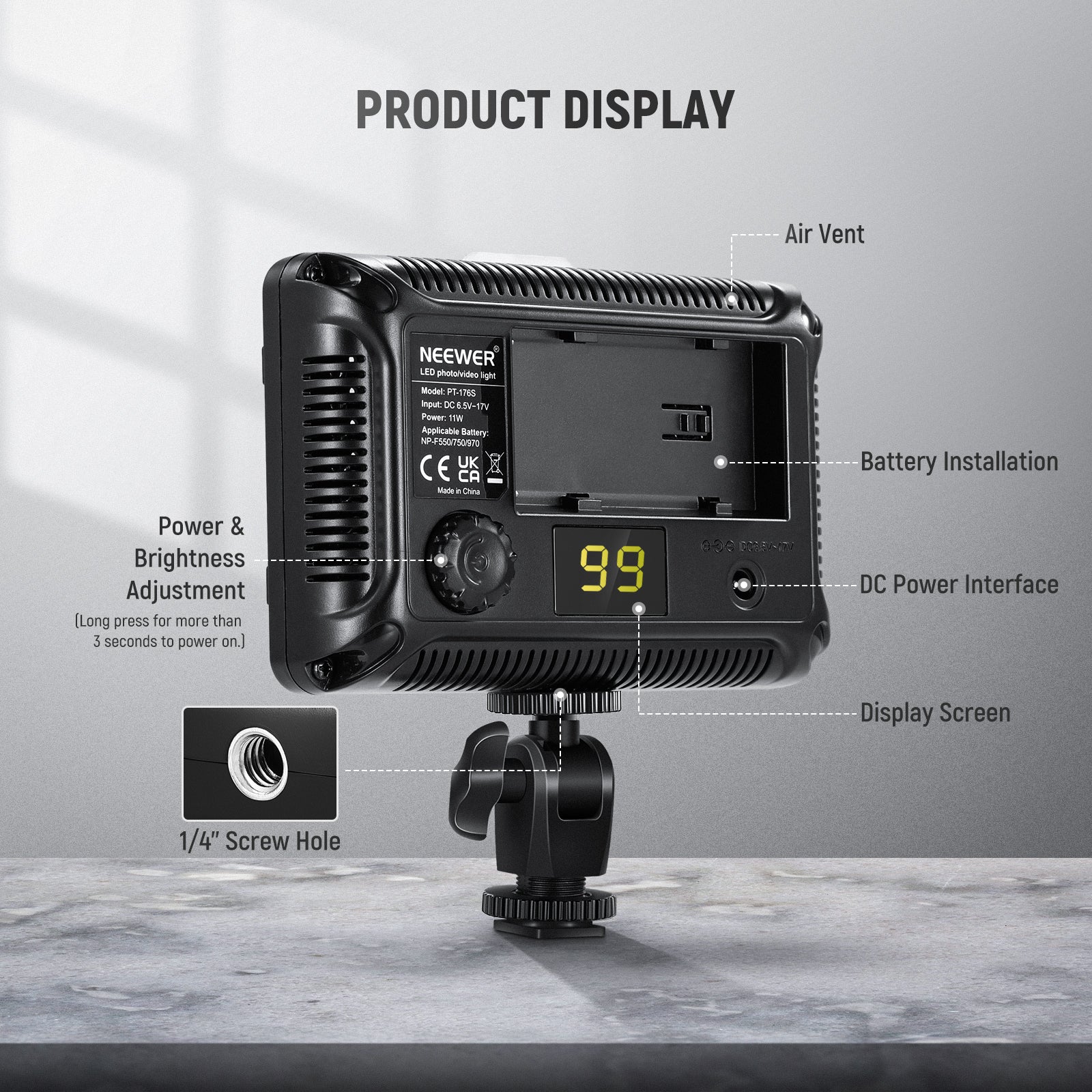 NEEWER 176 LED Dimmable On-Camera Light Panel - Professional Video Lighting for YouTube, Photography, Live Streaming & Studio Shoots