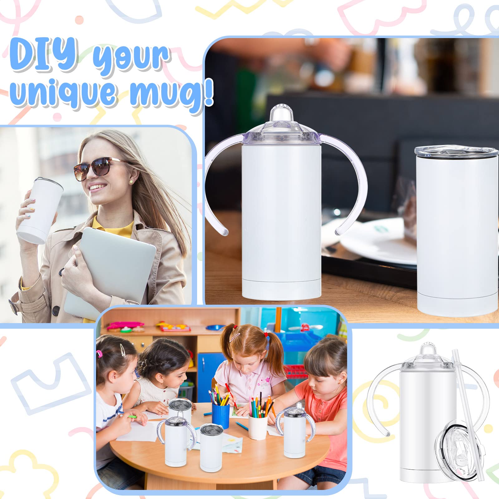 20 Pack 12oz Sublimation Sippy Cups - Blank Stainless Steel Kids Tumblers with Handle & Lid - Insulated Water Bottles for Toddlers - DIY Party Favors & Gifts - Perfect for Birthdays, Preschool & Outdoor Activities