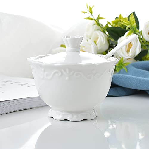 White Ceramic Sugar Bowl with Lid and Spoon - Elegant Kitchen Storage for Coffee, Tea, Sugar & Spices - Perfect for Dining Table, Coffee Station & Home Decor