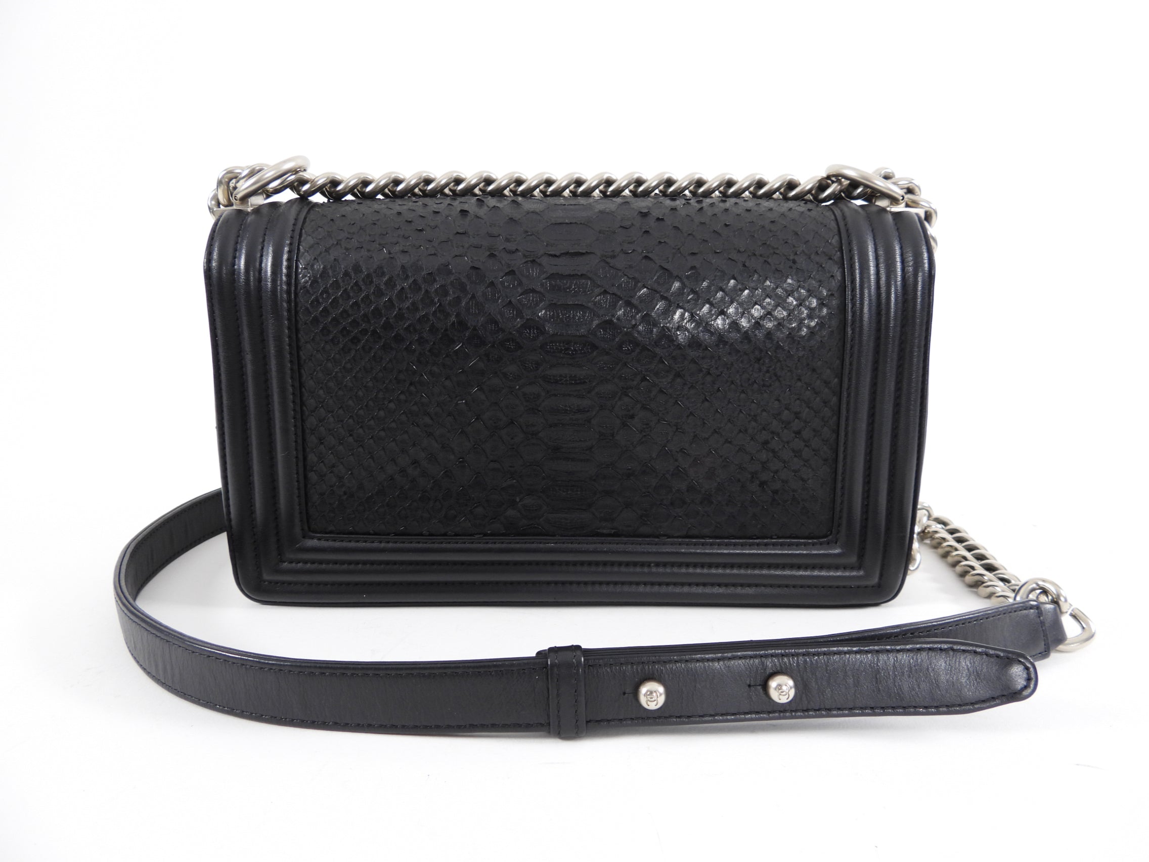 Chanel Medium Boy Bag in Black Leather & Exotic Python - Luxury Designer Handbag for Women, Perfect for Evening Events & Special Occasions