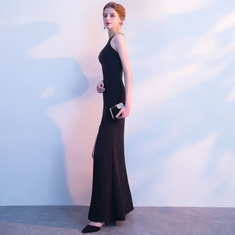 Elegant Black Cut-Out Asymmetrical Neck Halter Slim Prom Dress for Women - Perfect for Semi-Formal Events, Cocktail Parties & Evening Occasions