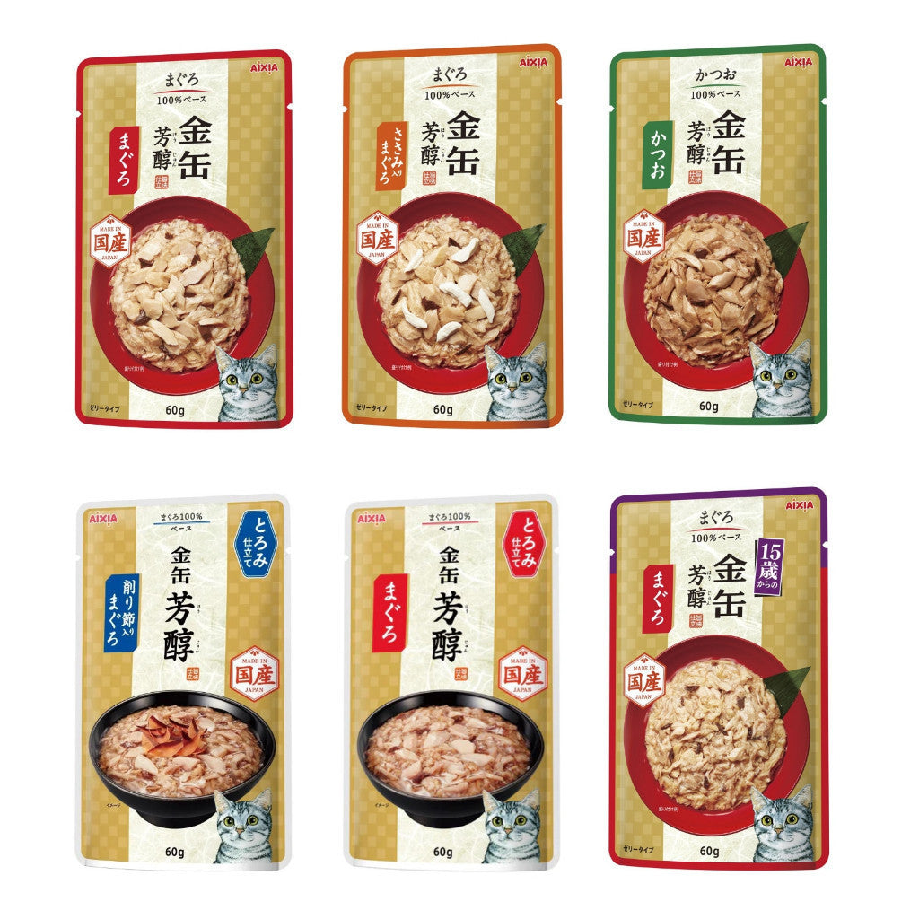 12-Pack Aixia Kin Can Rich Pouch Cat Food 60g - Tuna & Chicken with Skipjack Tuna Sauce - Premium Wet Cat Food for Adult & Senior Cats (15+ Years) - Perfect for Mealtime, Travel & Treats