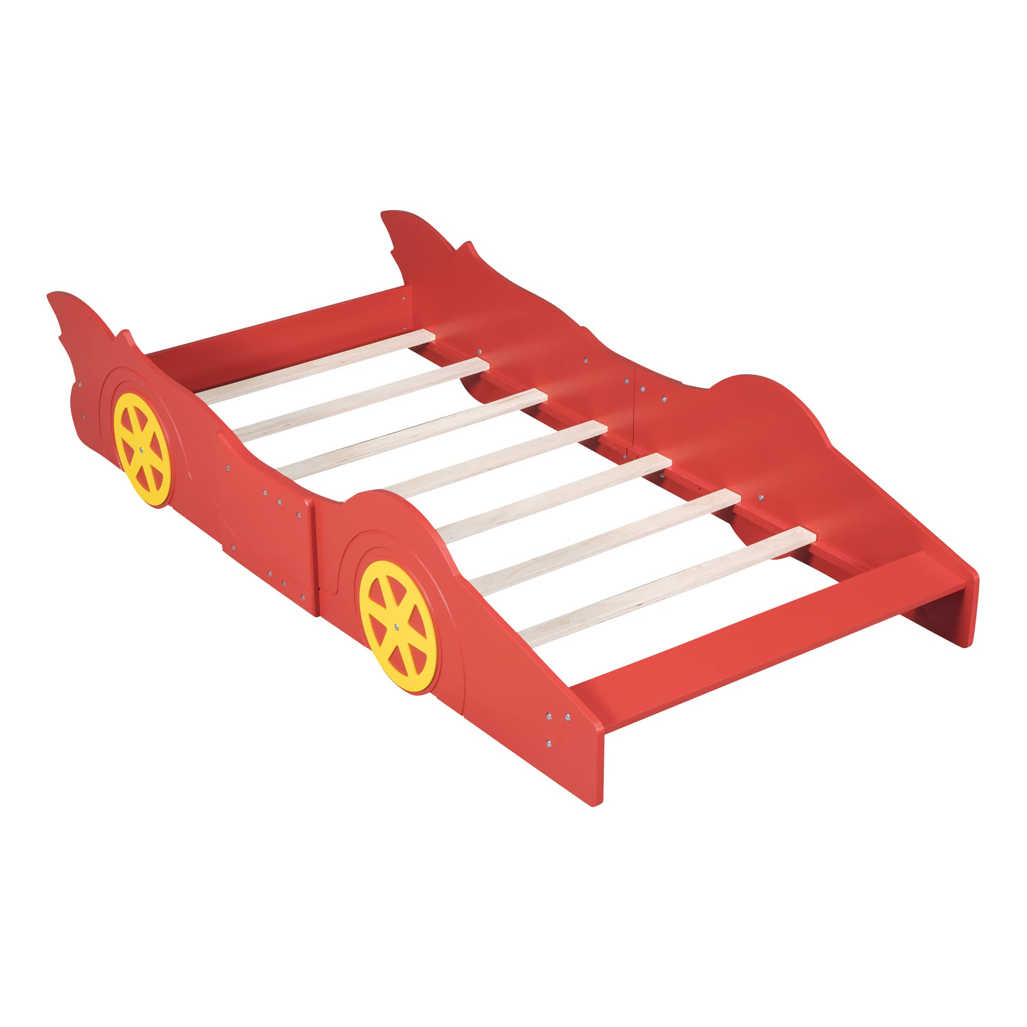 P PURLOVE Twin Size Race Car-Shaped Platform Bed with Wheels & Slats - Sturdy Wood Floor Bed Frame for Kids, Boys & Girls - Perfect for Bedrooms, Playrooms & Themed Kids' Rooms
