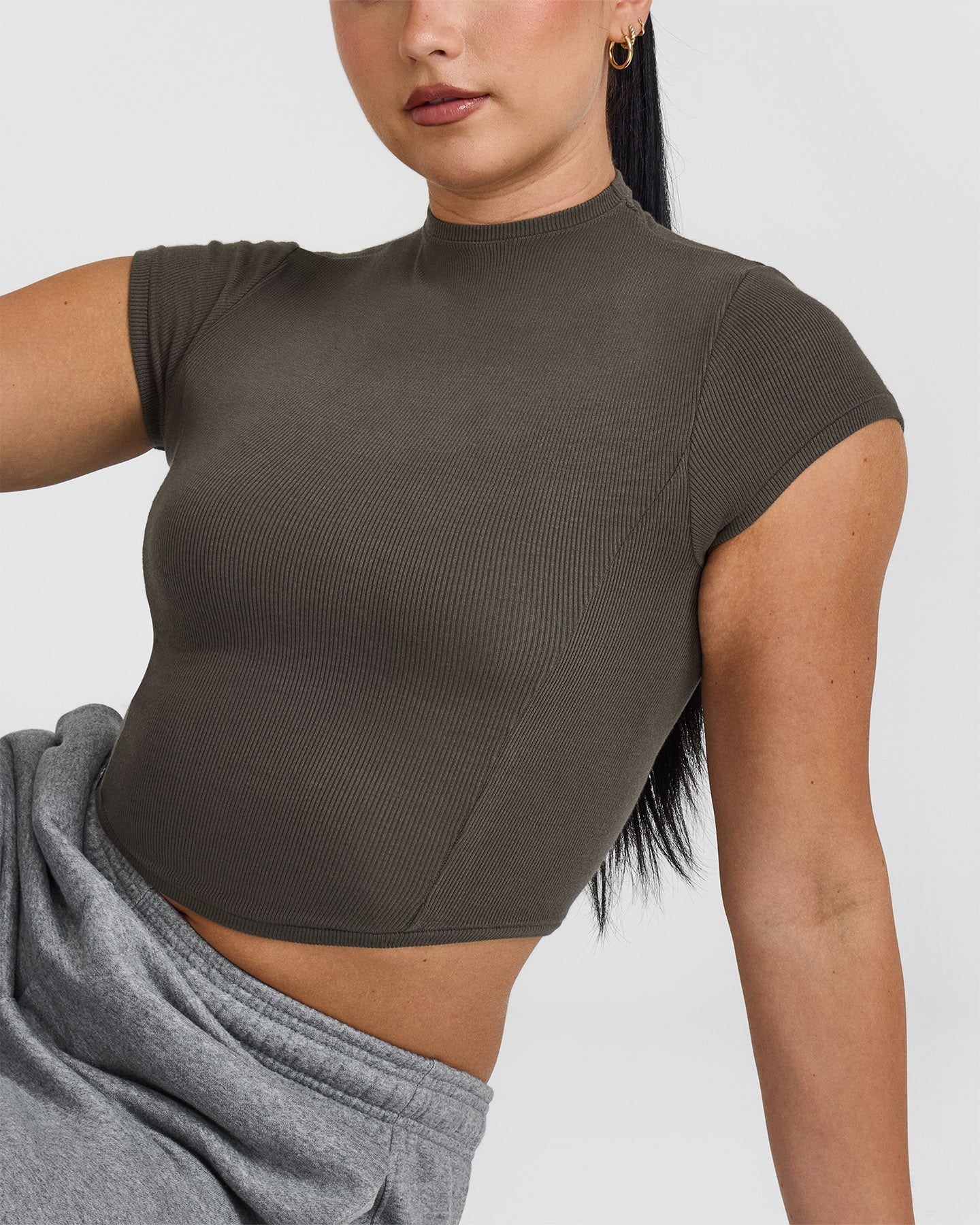 Mellow™ Rib Mid Mock Neck T-Shirt for Women - Soft Stretch Comfort Fit Casual Tee in Deep Taupe | Perfect for Everyday Wear, Layering & Office Outfits