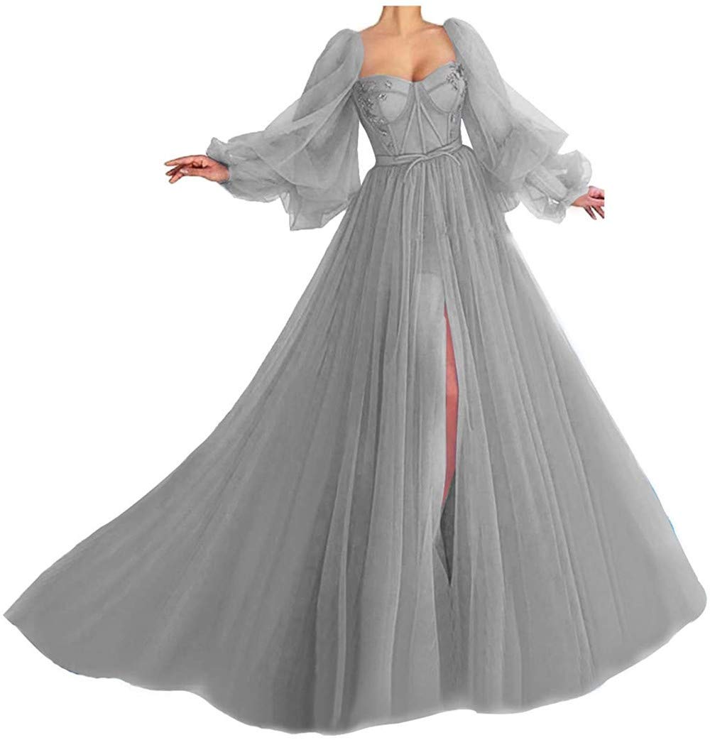 Elegant Puffy Prom Dresses for Women 2023 | Long Sweetheart Neckline Tulle Ball Gowns with Sleeves | Perfect for Formal Dances, Weddings & Special Occasions