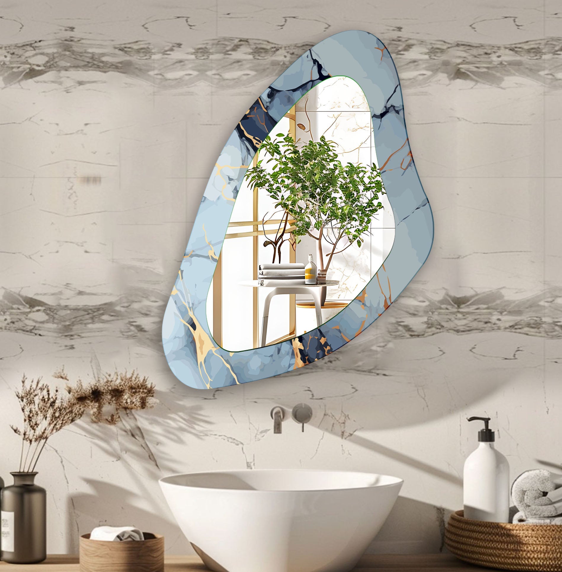 Blue Marble Decorative Glass Wall Mirror - Elegant Round Bathroom Vanity Mirror for Bedroom & Living Room Decor