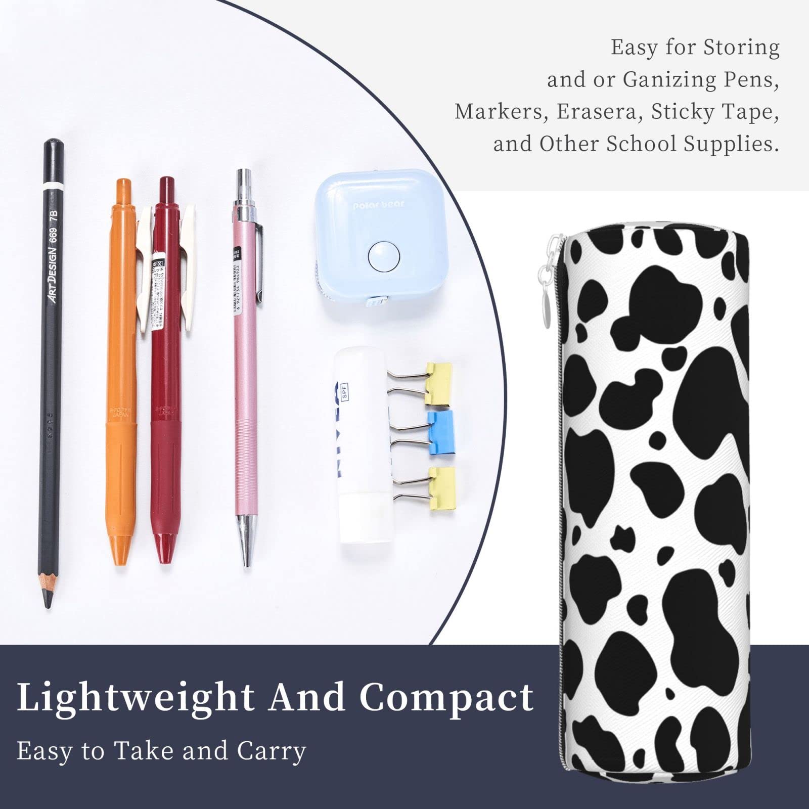Genuine Cowhide Leather Pencil Case with Milk Print - Zippered Pen Organizer, Makeup Pouch & Stationery Bag for School, Office & Travel - Perfect for Students, Professionals & Daily Essentials Storage
