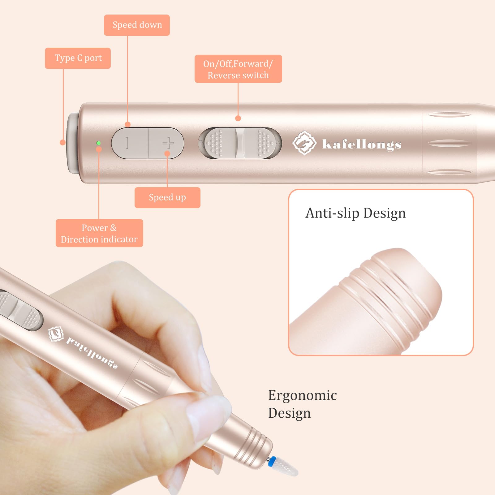 Professional Cordless Electric Nail Drill & File Kit - Rechargeable Manicure Machine for Acrylic, Gel Polish & Dip Powder Nails | Perfect for Home & Salon Nail Care, DIY Manicures & Pedicures