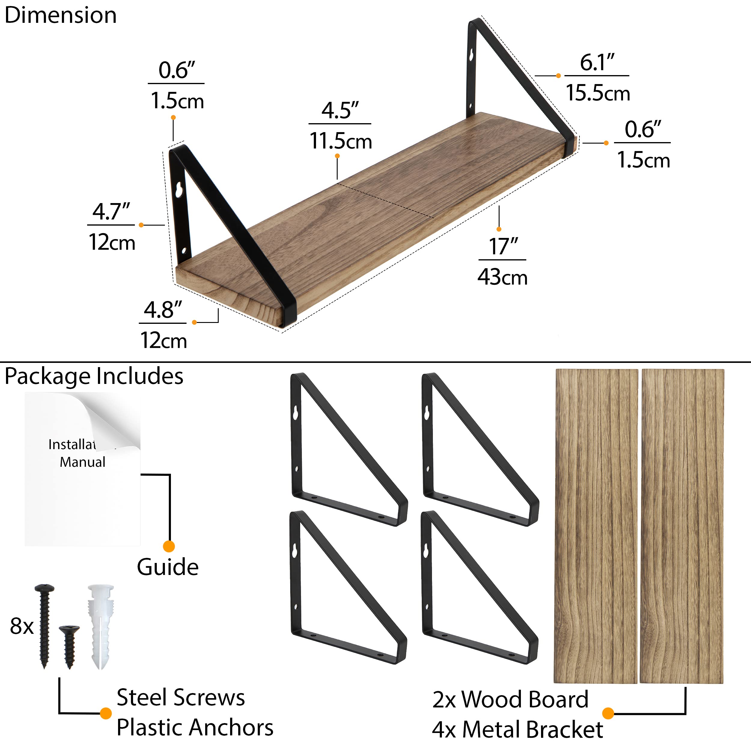 Wallniture Floating Shelves Set of 2 - Rustic Wood Wall Mount Shelves with Black Brackets for Bathroom, Bedroom, Kitchen & Laundry Room Storage | Perfect for Home Decor & Organization | Ideal for Displaying Plants, Books & Decorative Items