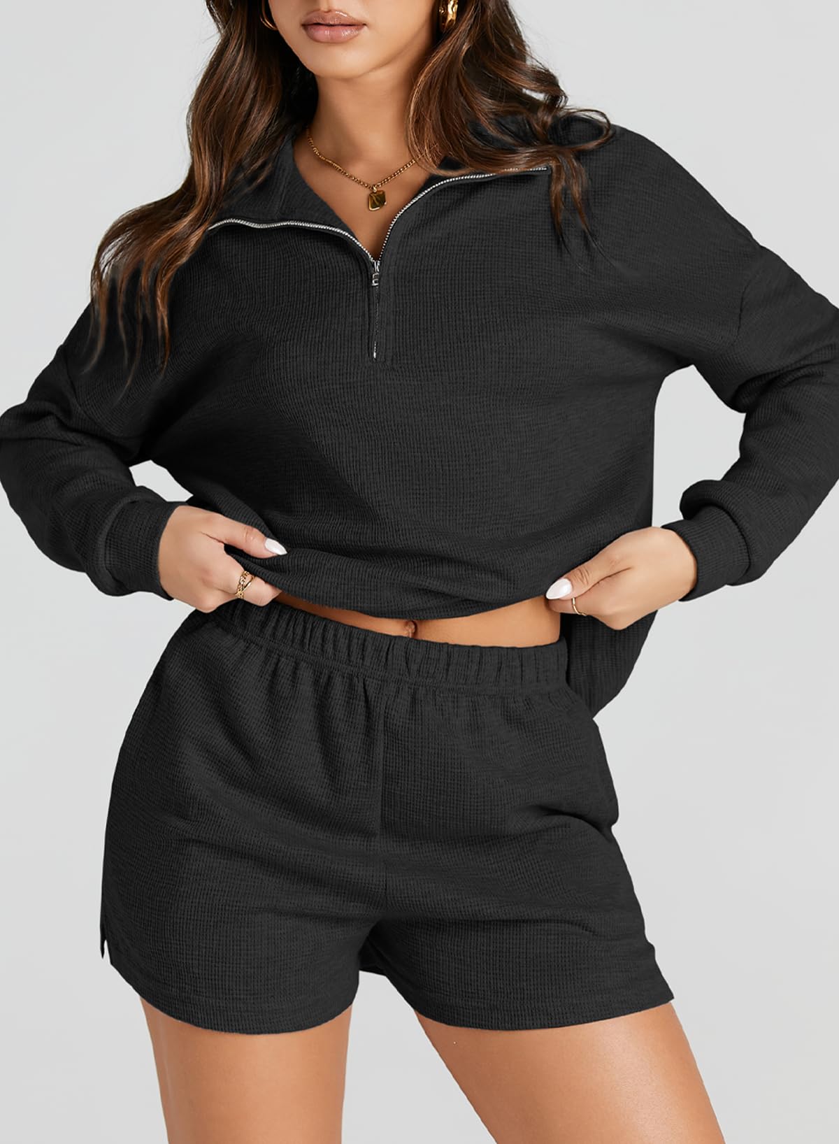 Aleumdr Women's 2 Piece Lounge Set - Soft Waffle Knit Long Sleeve Top & Shorts with Pockets | Cozy Matching Outfit for Home, Travel & Casual Wear | 2025 Fashion Trend