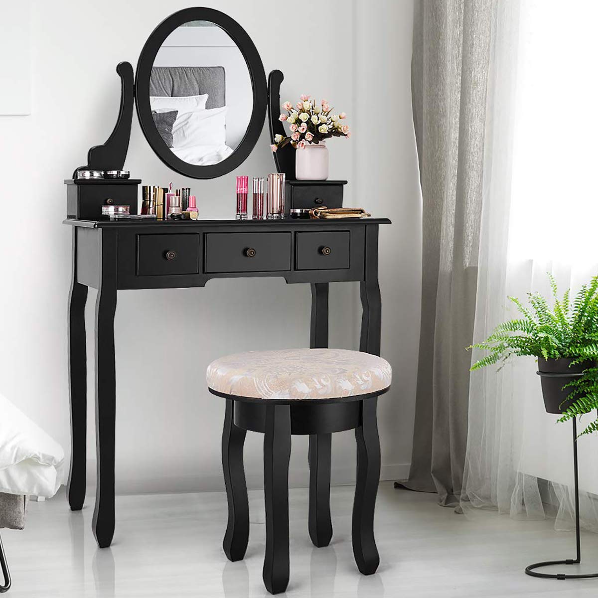 CHARMAID Vanity Set with 360° Rotatable Oval Mirror - Modern Makeup Dressing Table with Cushioned Stool for Women & Girls Bedroom, Black - Perfect for Makeup Application, Skincare Routine & Dressing Area
