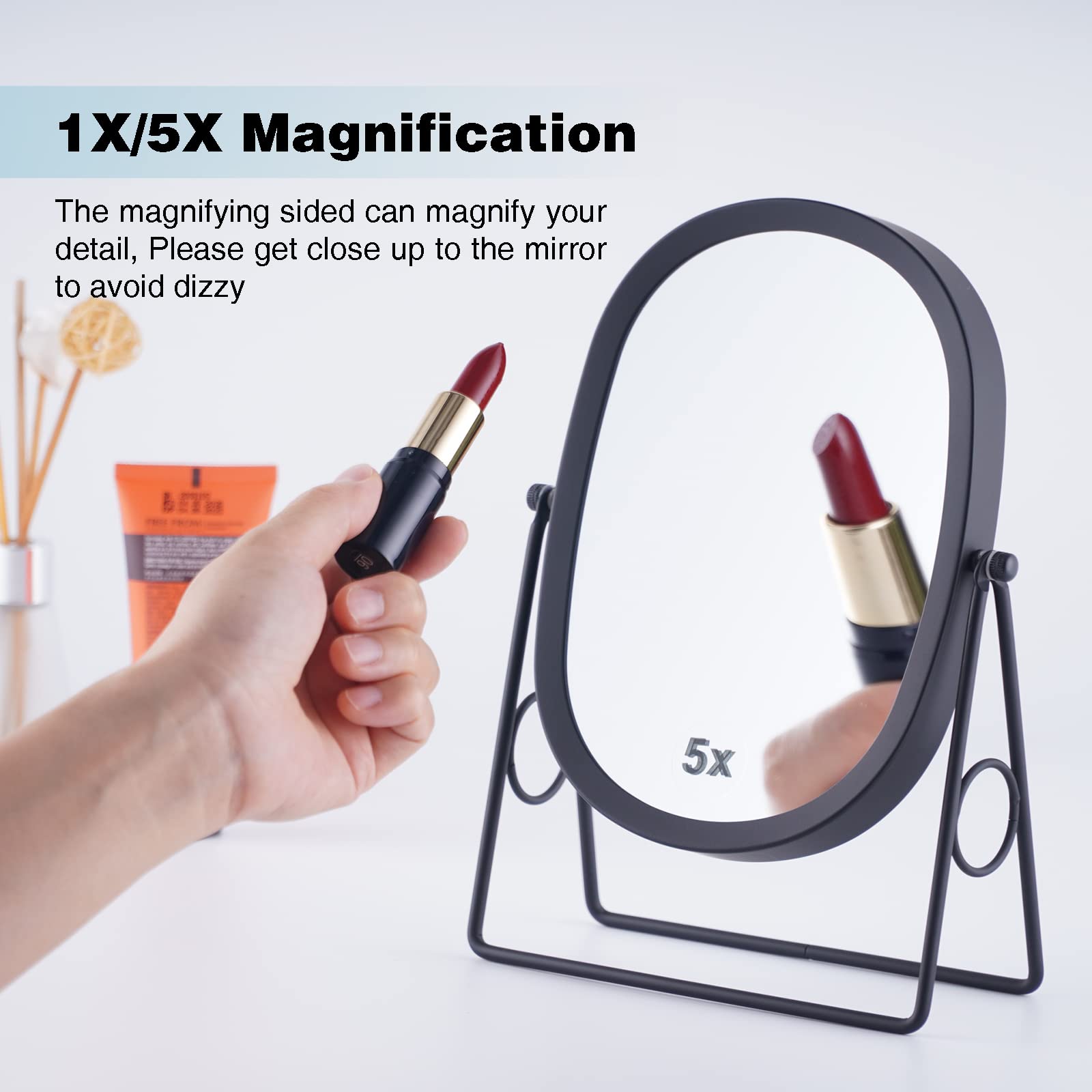 JOYOEIKON Classic Dual Sided 5X & 1X Magnifying Makeup Mirror with 360° Rotation - Vanity Mirror for Tabletop or Standing Use - Matt Black Cosmetic Mirror for Makeup Application, Skincare, and Grooming