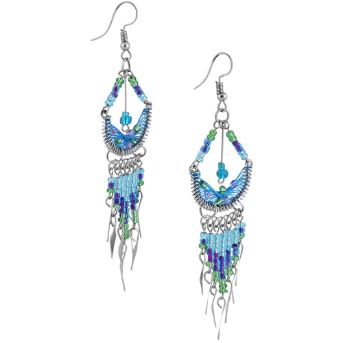 Handmade Stainless Steel Peruvian Blue Silk Thread Beaded Crescent Dangle Earrings for Women | Boho Chic Jewelry | Perfect for Festivals, Parties & Everyday Wear