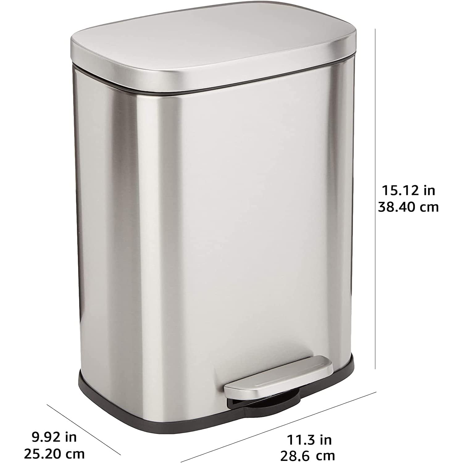 Amazon Basics Smudge Resistant Small Rectangular Trash Can with Soft-Close Foot Pedal - 12L/3.1 Gal Brushed Stainless Steel Bathroom & Living Room Garbage Bin - 11.3