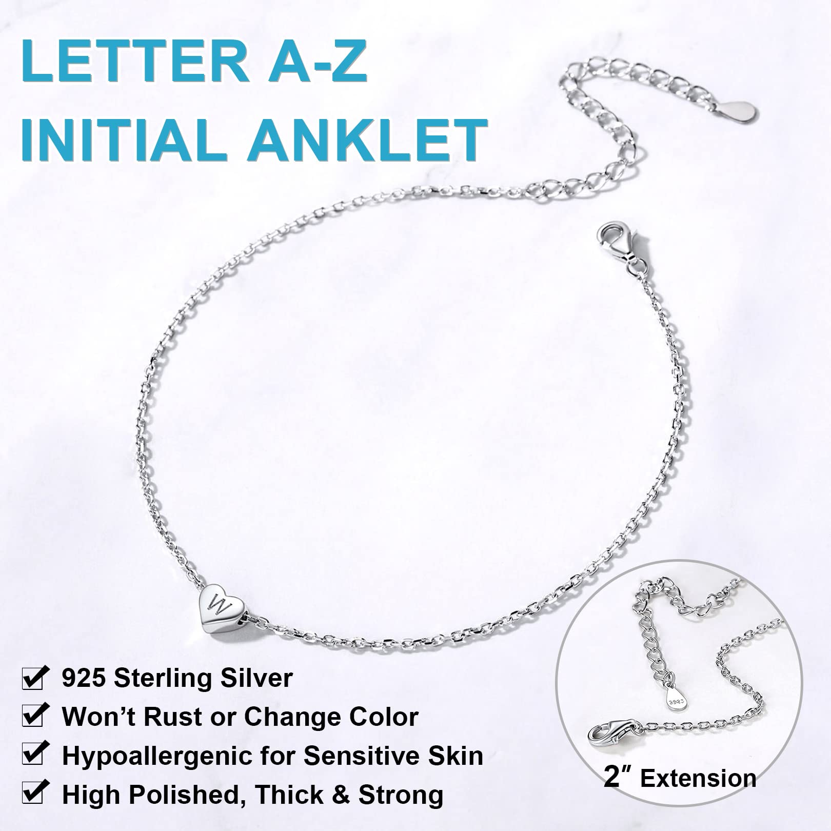 FOCALOOK Personalized 925 Sterling Silver Initial Anklet for Women - Dainty A-Z Letter Alphabet Heart Charm Ankle Bracelet, Perfect Jewelry Gift for Teen Girls (Gift Box Included) | Ideal for Birthdays, Anniversaries & Everyday Wear