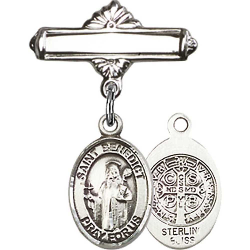 1 X 5/8 Inch Sterling Silver Baby Badge with St. Benedict Charm - Polished Badge Pin for Christening, Baptism & First Communion Gifts