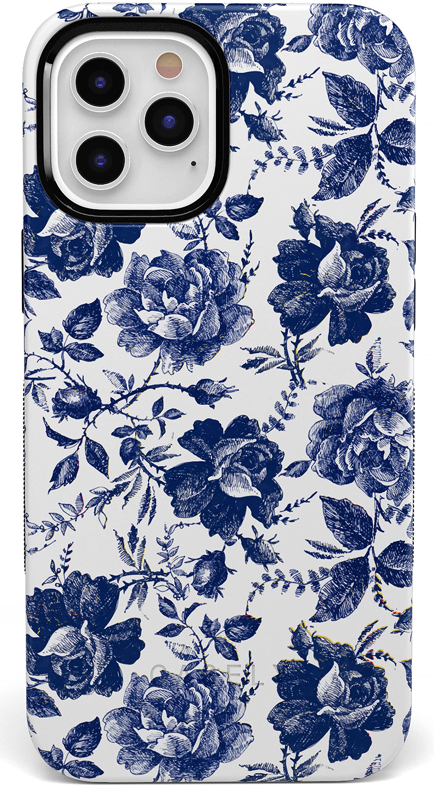 Casely iPhone 12/12 Pro Case - Rose Floral Design with Blue & White Flowers | MagSafe Compatible Protective Cover | Perfect for Everyday Use, Travel & Gift Giving