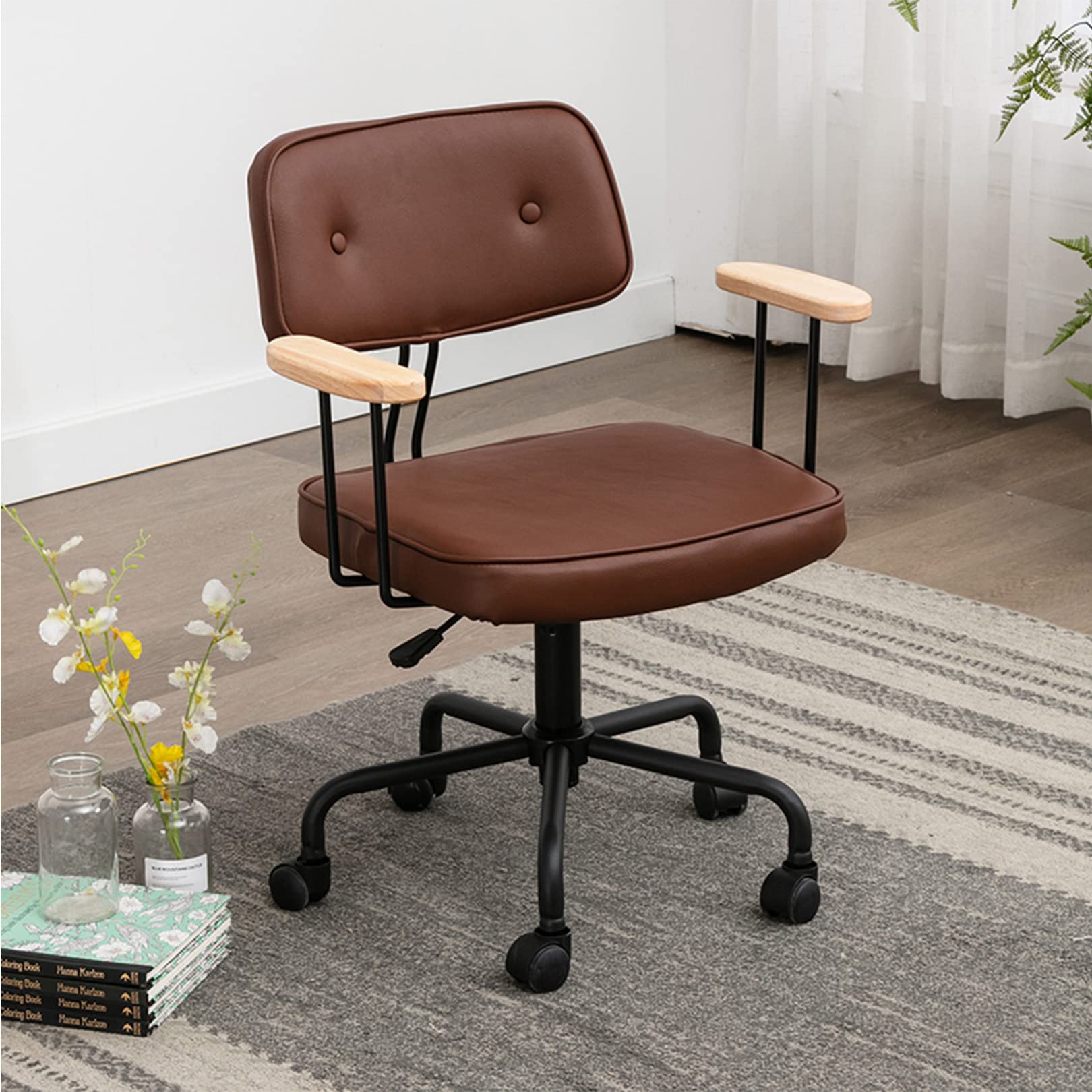 Ergonomic Mid-Back Computer Office Chair with Wooden Armrests - Adjustable Height PU Leather Swivel Chair for Home Office, Study, Bedroom & Gaming - Comfortable Desk Chair for Long Working Hours