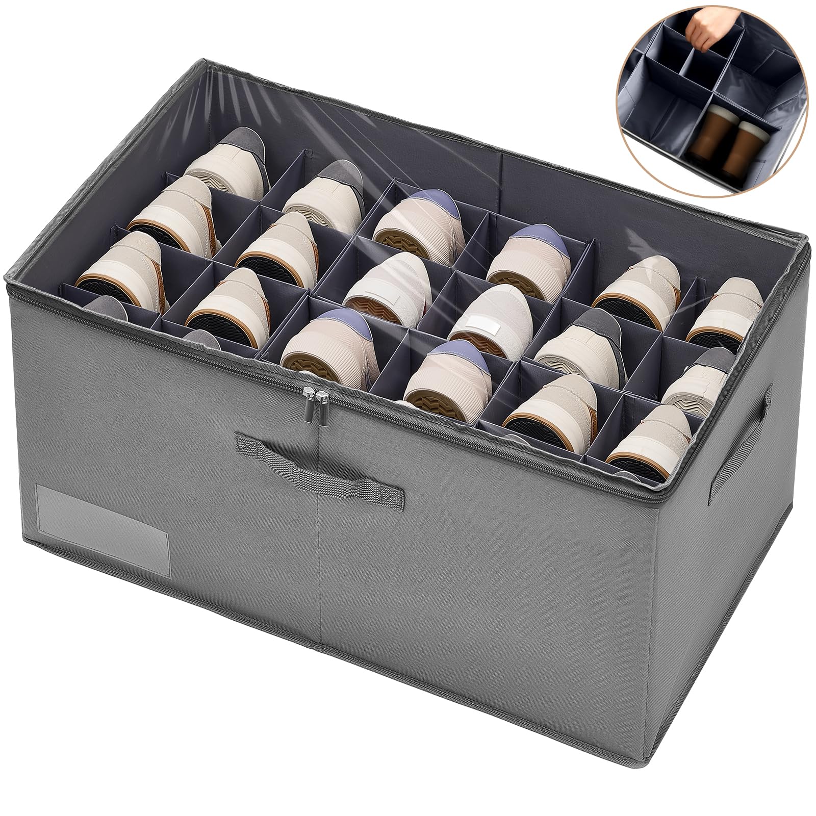 ASHLEYRIVER 24-Pair Shoe Organizer for Closet - Large Clear Lid Storage Box with Flexible Dividers, Foldable Space-Saving Shoe Cabinet in Dark Grey | Perfect for Bedroom, Entryway & Closet Organization