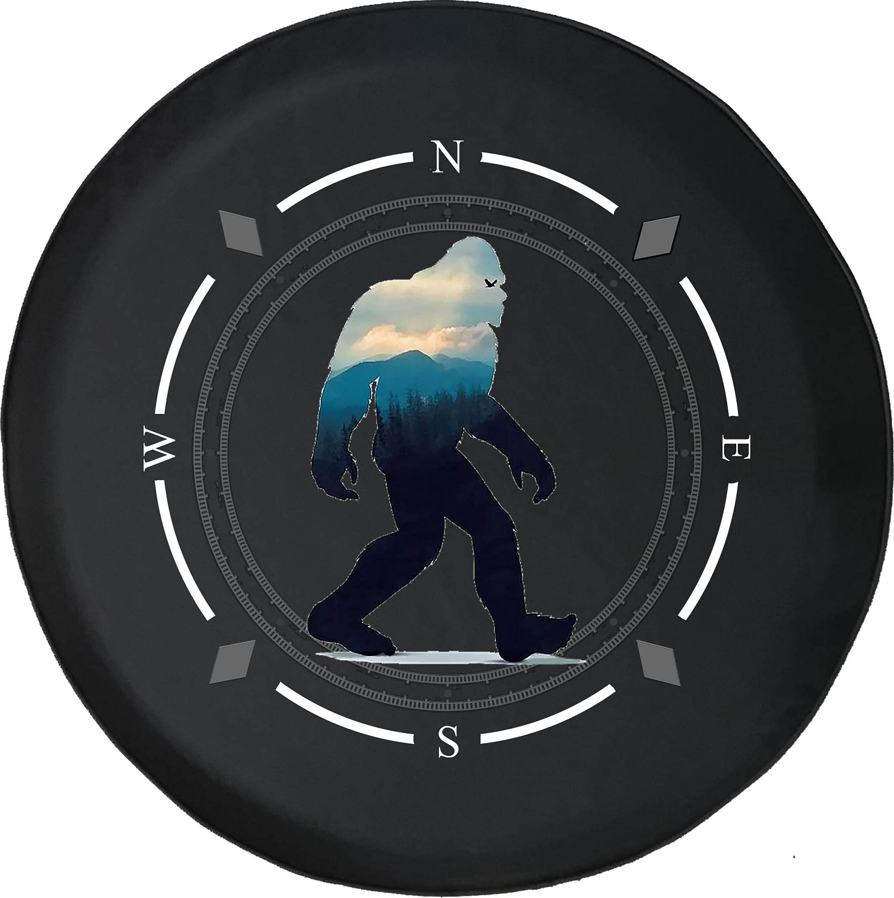 American Unlimited Spare Tire Cover with Compass & Bigfoot Mountain Sunset Design - Universal Fit for SUV, Trailer, RV & Most Vehicles | Durable Wheel Protector for Off-Road Adventures & Camping Trips