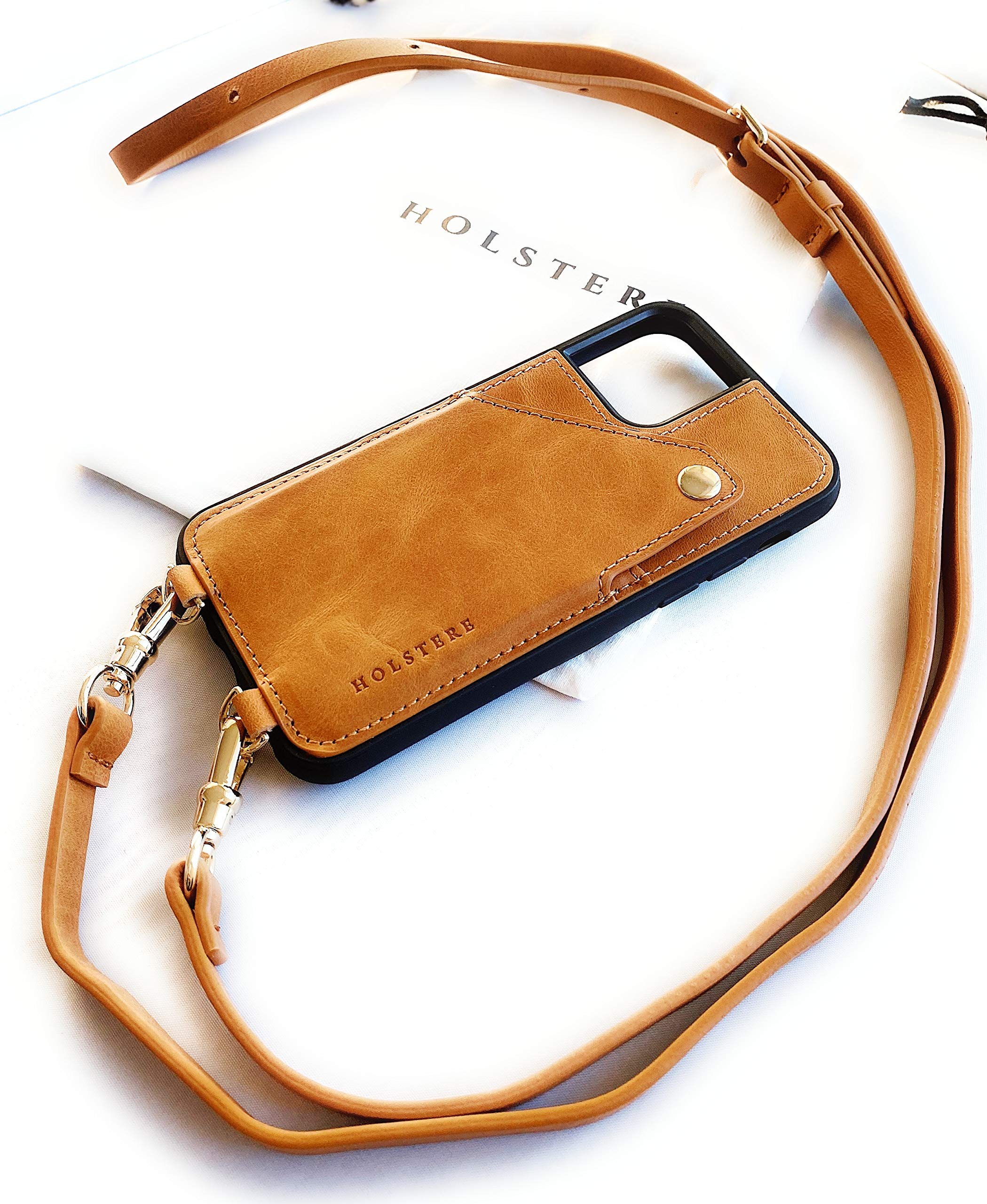 Genuine Leather Crossbody Phone Purse with Lanyard for iPhone 12/12 Pro/12 Pro Max/12 Mini - Tan | Stylish Hands-Free Carrying Case for Women, Travel, Shopping & Daily Use