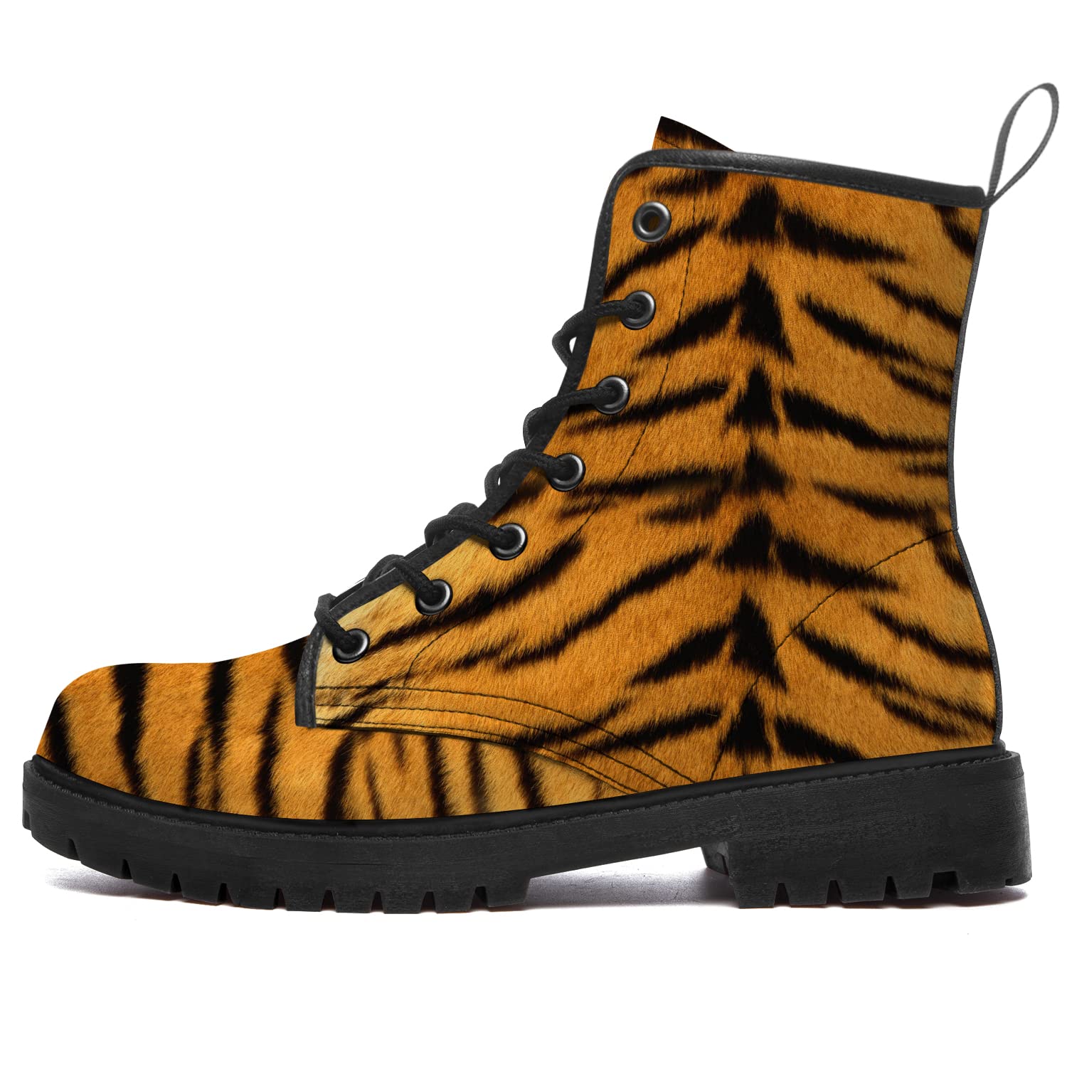 **Waterproof Vegan Leather Combat Boots for Women & Men - Round Toe Ankle Booties with Tiger Print - Durable Work Shoes for Outdoor, Casual & Gifting**    *(Use for hiking, festivals, workwear, or stylish everyday outfits - perfect gift for him or her!)*