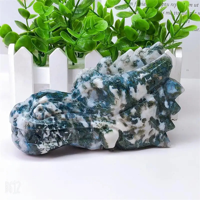 14CM Natural Moss Agate Dragon Skull Crystal Carving - Healing Stone, Fashion Jewelry & Home Decor - Unique Birthday & Holiday Gift (1pc) - Perfect for Meditation, Energy Healing & Gothic Home Decor