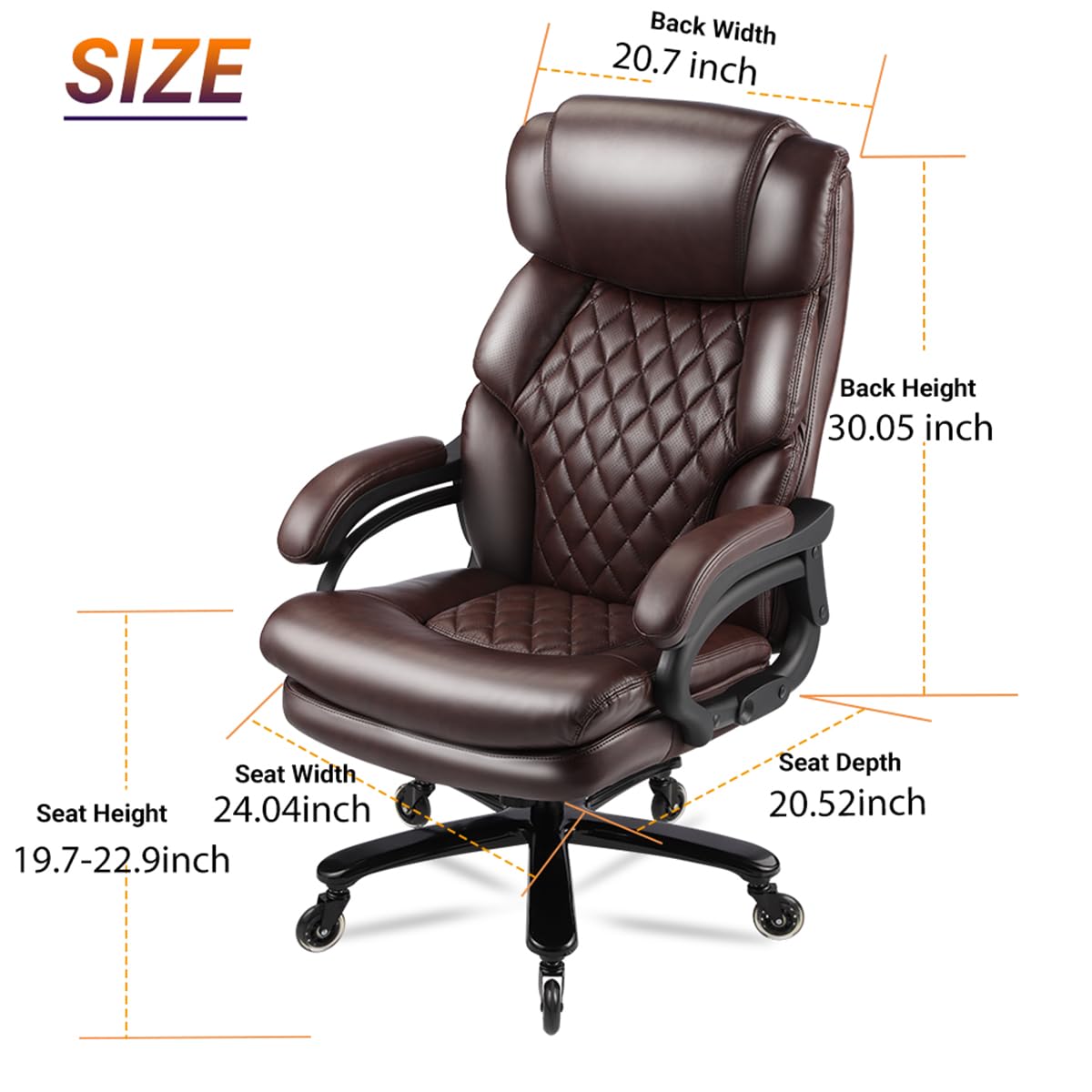 Big and Tall Office Chair for Heavy People - Heavy Duty Executive Chair with 360° Swivel & Casters, Ergonomic Support for Large Men, Brown - Perfect for Home Office, Gaming & Workspaces