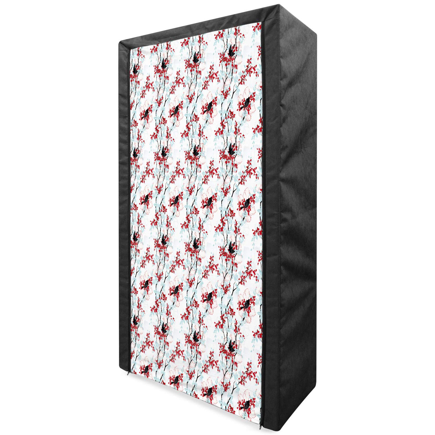Ambesonne Spring Portable Fabric Wardrobe - Vintage Chinese Floral Tree with Hummingbirds Design, Clothing Organizer & Storage Closet with Shelves, 33.5 Inches, Pale Blue Red White - Perfect for Bedroom, Closet, Dorm Room & Small Space Organization