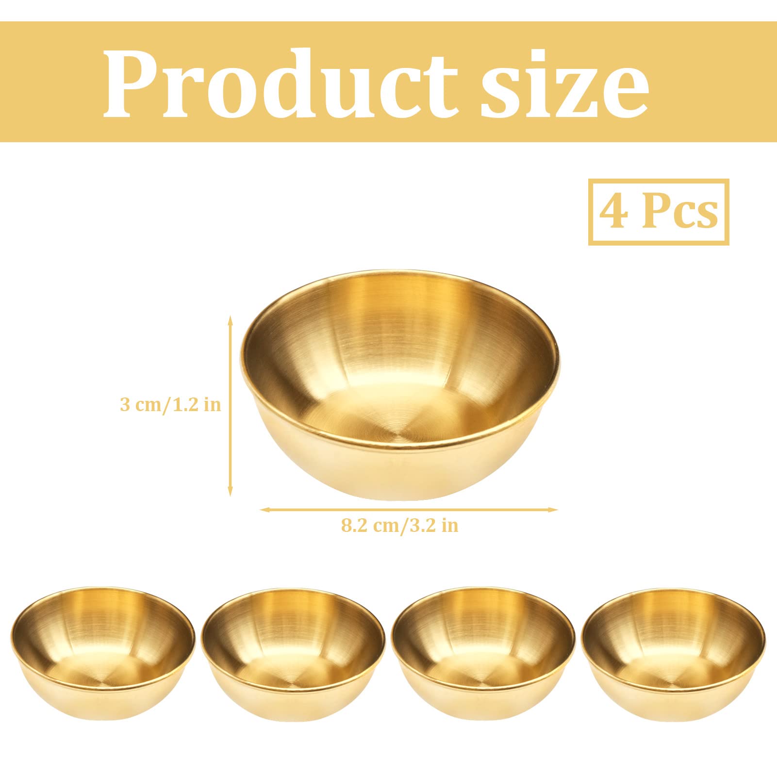 4-Piece Gold Stainless Steel Sauce Dip Bowls Set - Small Soy Sauce Dishes & Appetizer Plates for Sushi, Dumplings, and Dipping Sauces - Perfect for Restaurants, Home Dining, and Party Serving