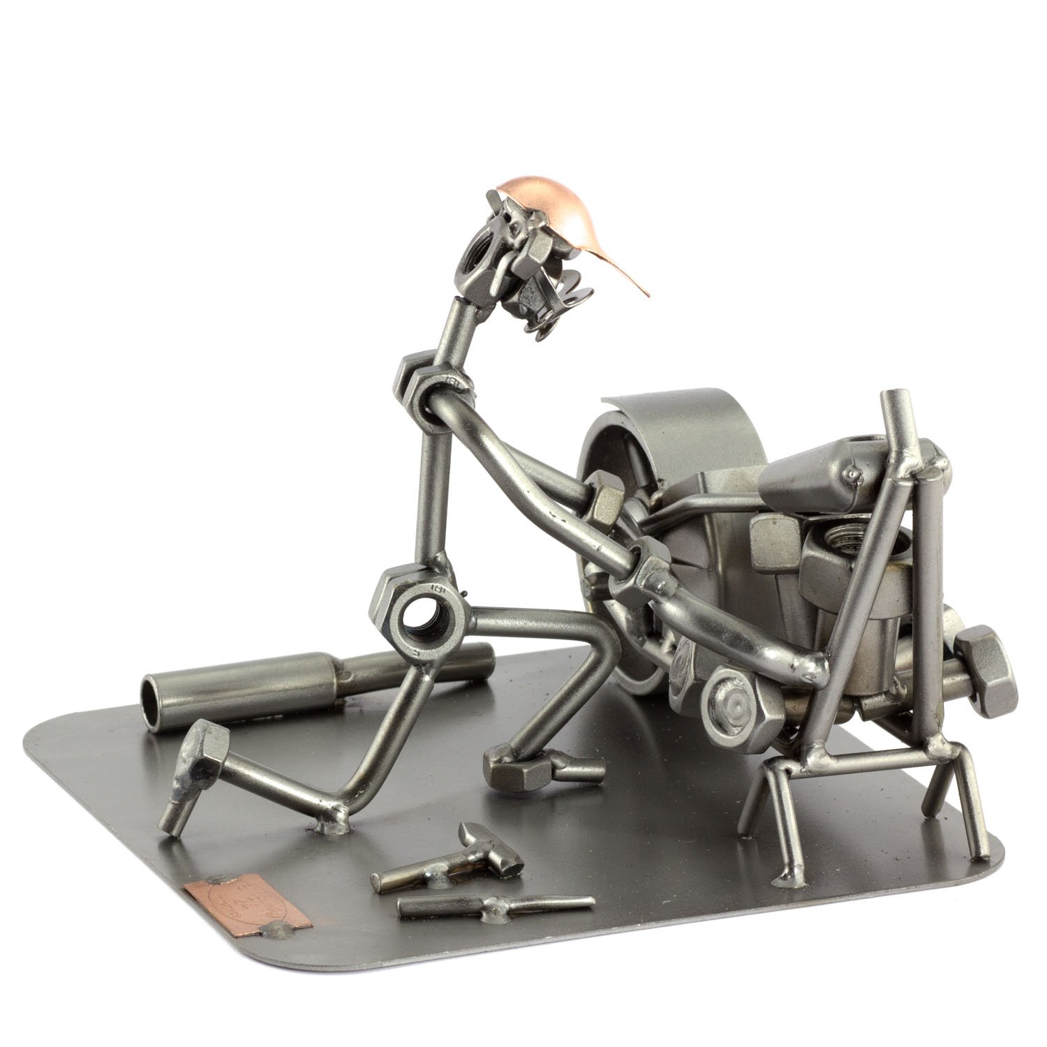 Handmade German Metal Motorcycle Mechanic Sculpture - Nuts & Bolts Figurine | Unique Home Decor, Workshop Gift & Man Cave Accessory
