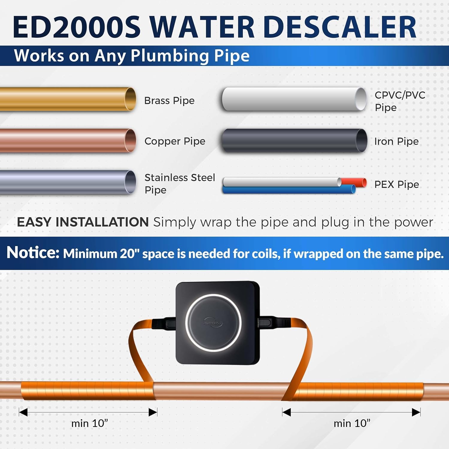 iSpring ED2000S Whole House Water Softener System - Salt-Free Hard Water Conditioner & Descaler with LED Indicator & Magnetic Technology - Prevents Limescale & Rust - Ideal for Homes, RV, Boats & Appliances