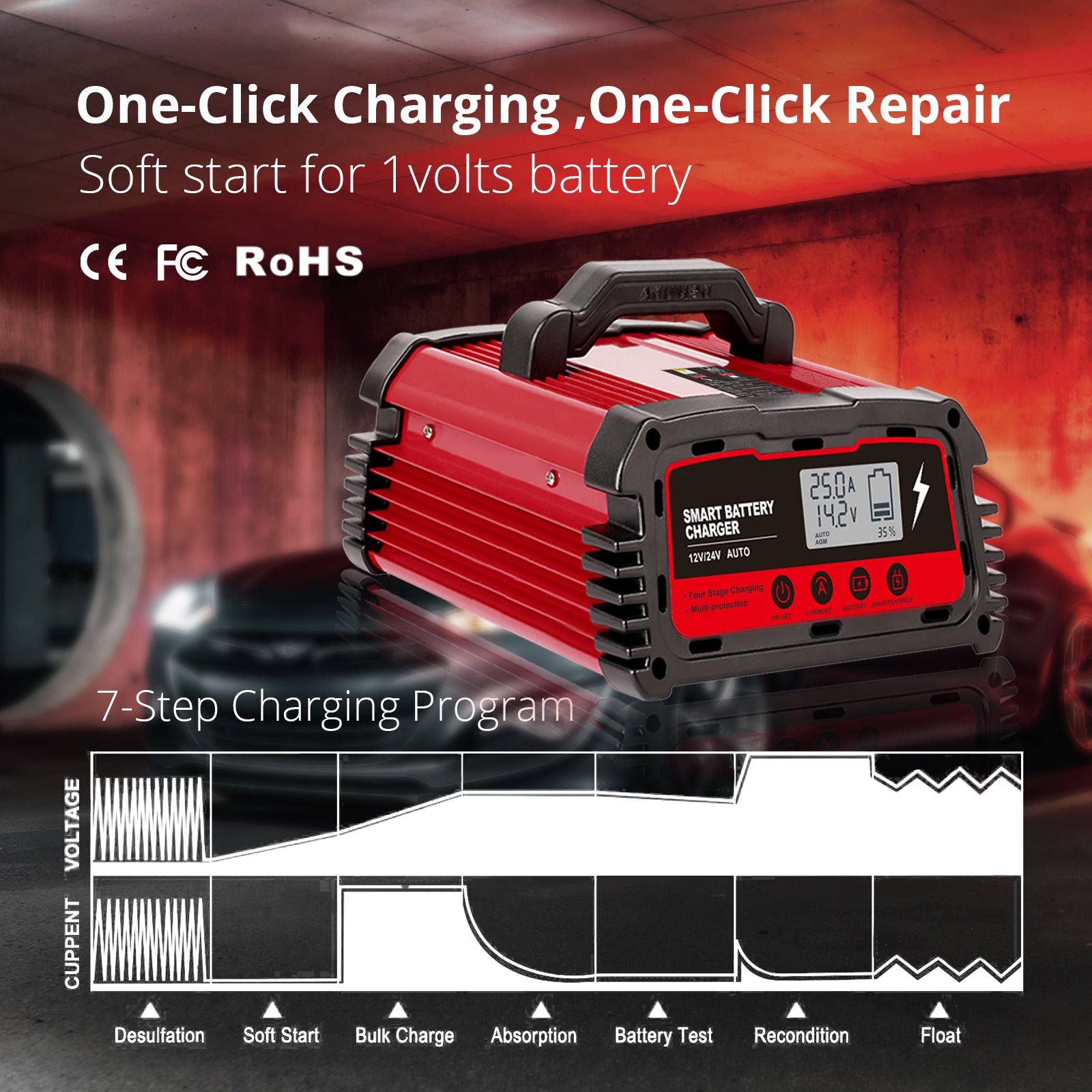 Energex 12V/24V 20A Heavy Duty Automatic Battery Charger for Cars, Trucks, RVs, Boats & Marine Vehicles - Fast Charging & Maintenance Mode