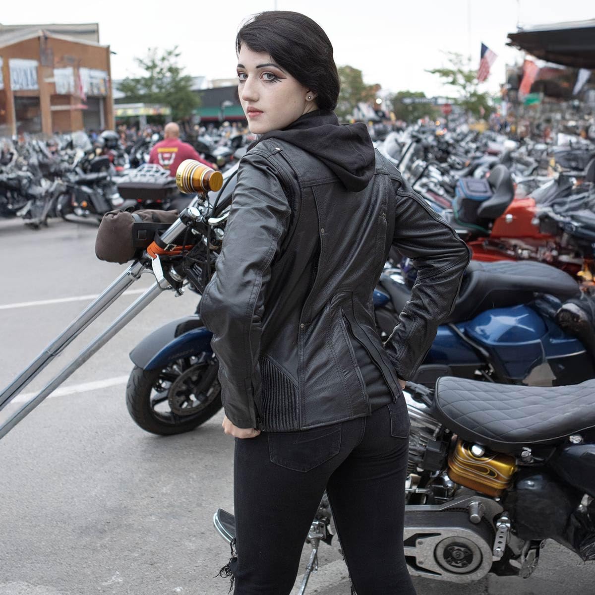 Milwaukee Leather MLL2555 Women's Black 3/4 Length Hooded Leather Jacket with Side Stretch Panels - Perfect for Motorcycle Riding, Casual Outfits & Fall Fashion