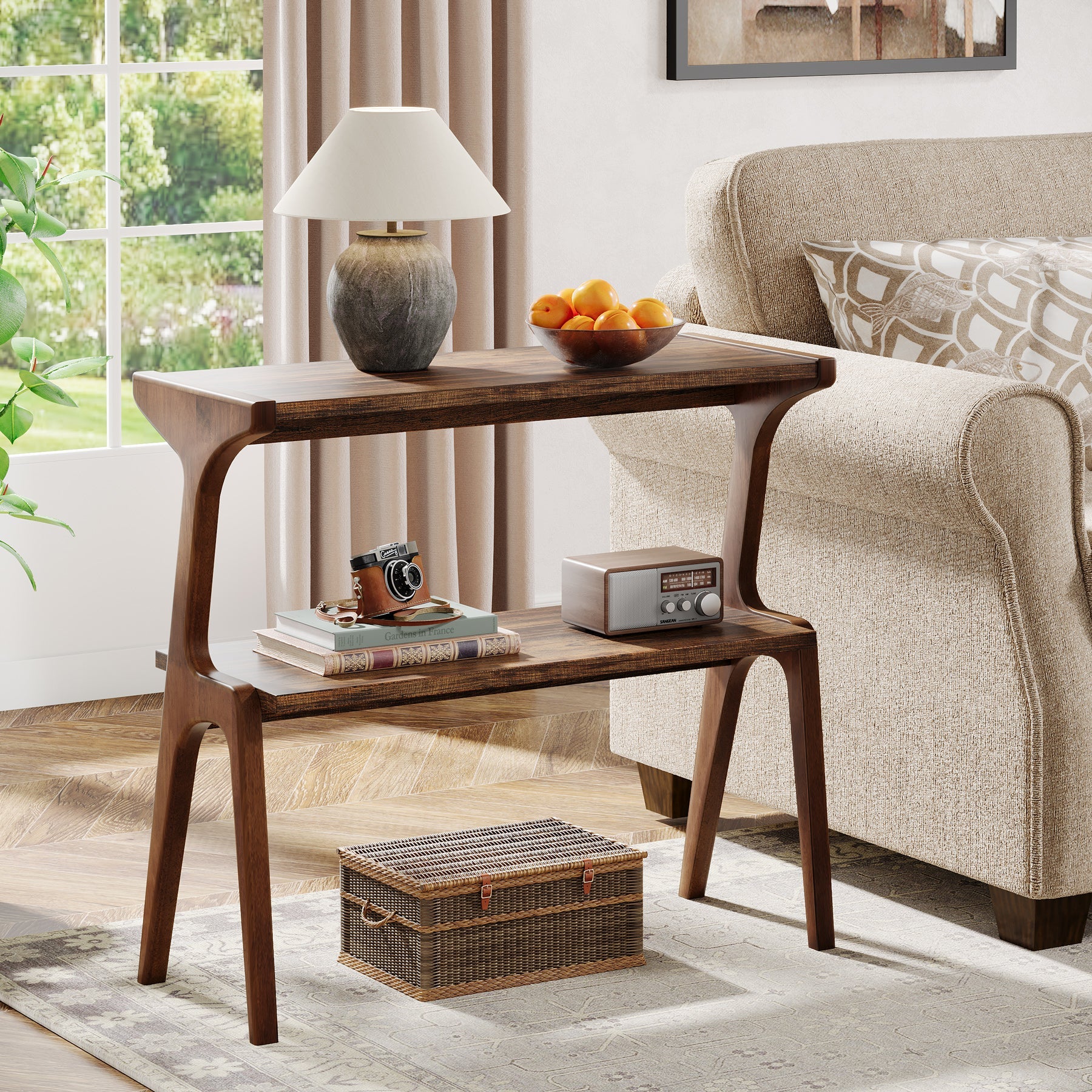 Solid Wood End Table with Storage Shelf - 2 Tier Sofa Side Table for Living Room, Bedroom & Office - Rustic Home Decor & Functional Furniture