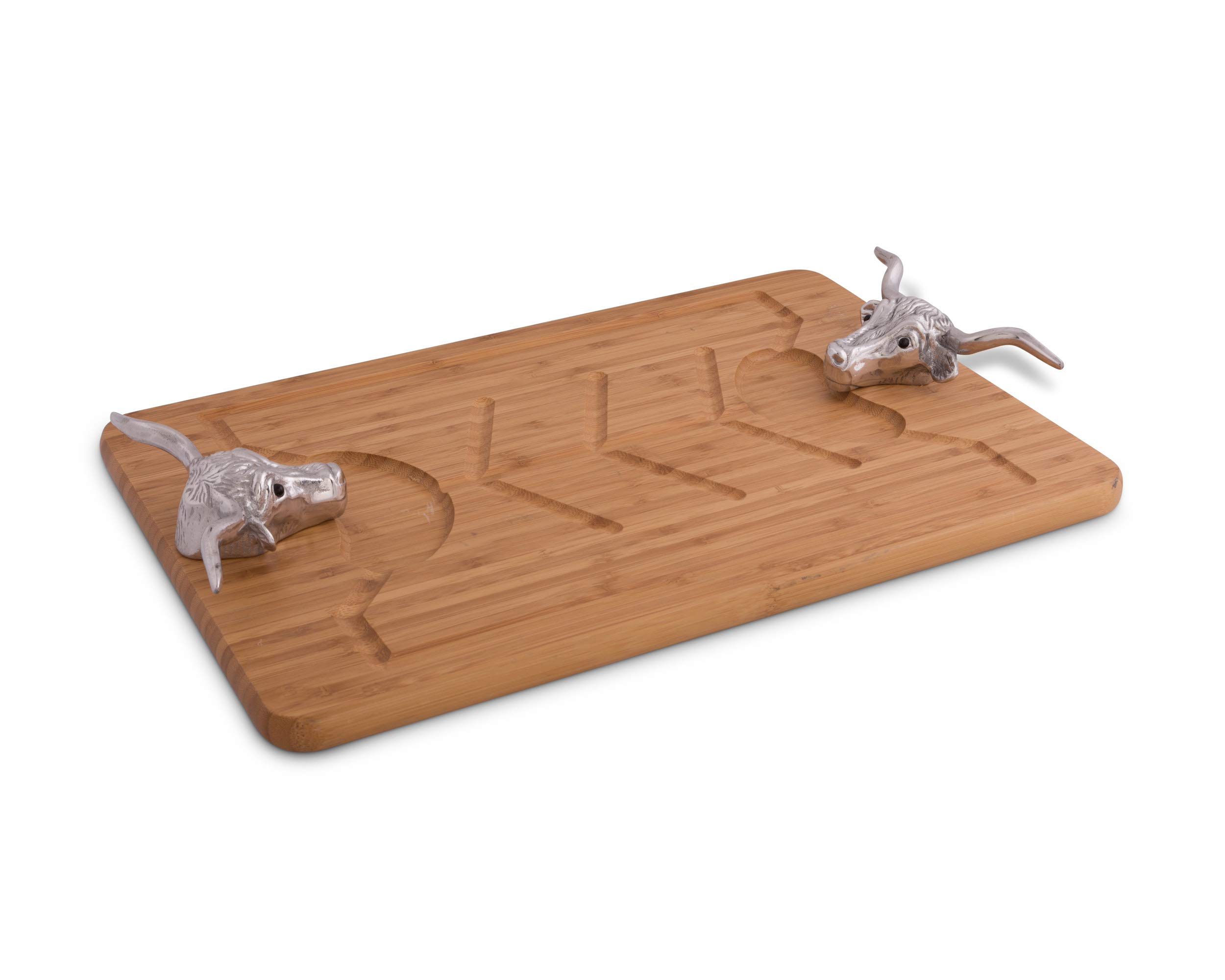 Arthur Court Designs 20x13 Inch Aluminum Longhorn Handle Bamboo Wood Carving Board - Premium Cheese & Charcuterie Serving Tray for Meats, Appetizers & Entertaining | Perfect for Parties, BBQs & Gourmet Food Presentation