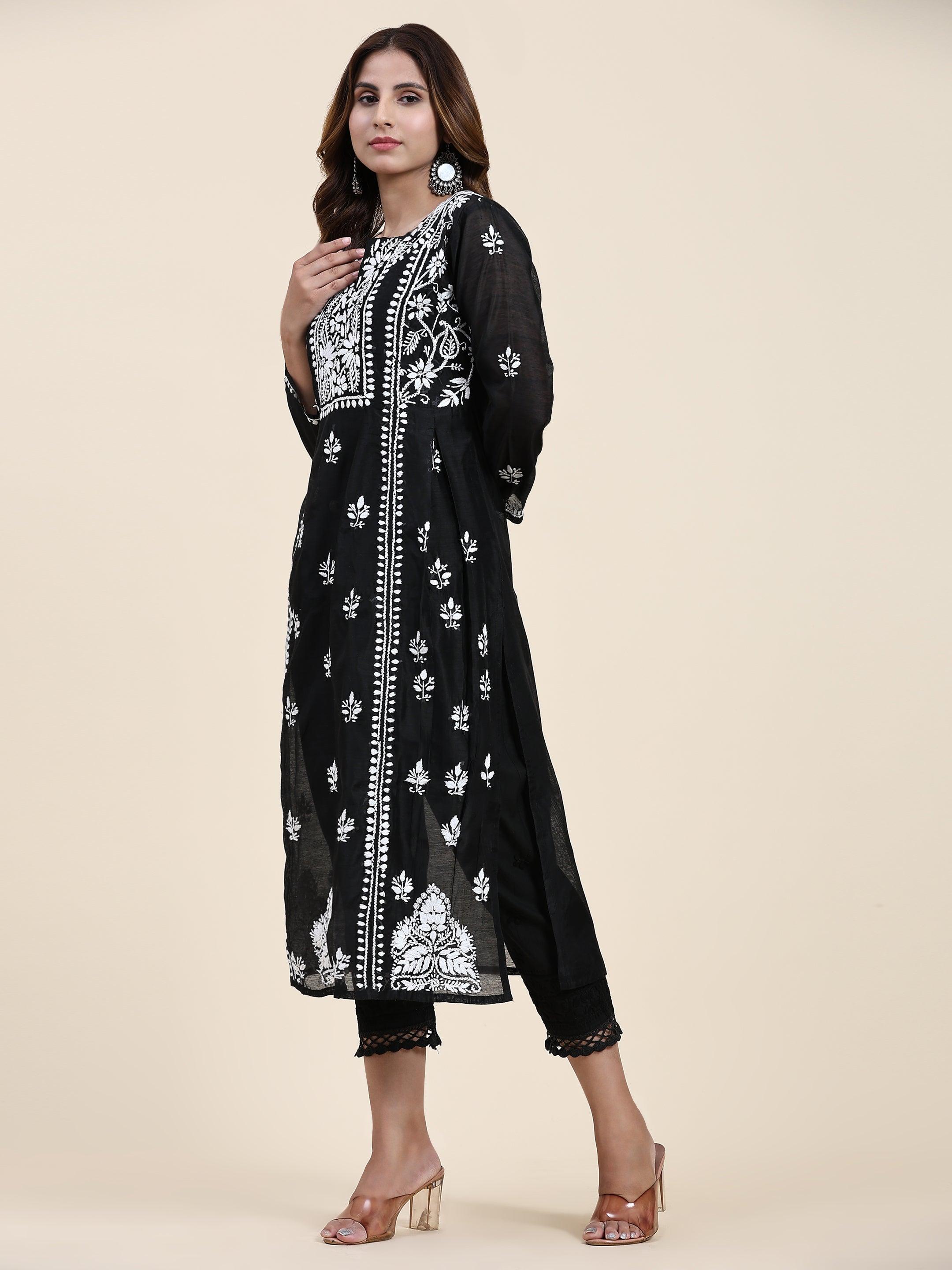Elegant Chikankari Embroidered Long Kurta for Women - Black Chanderi Silk Indian Ethnic Wear | Perfect for Festivals, Weddings & Special Occasions