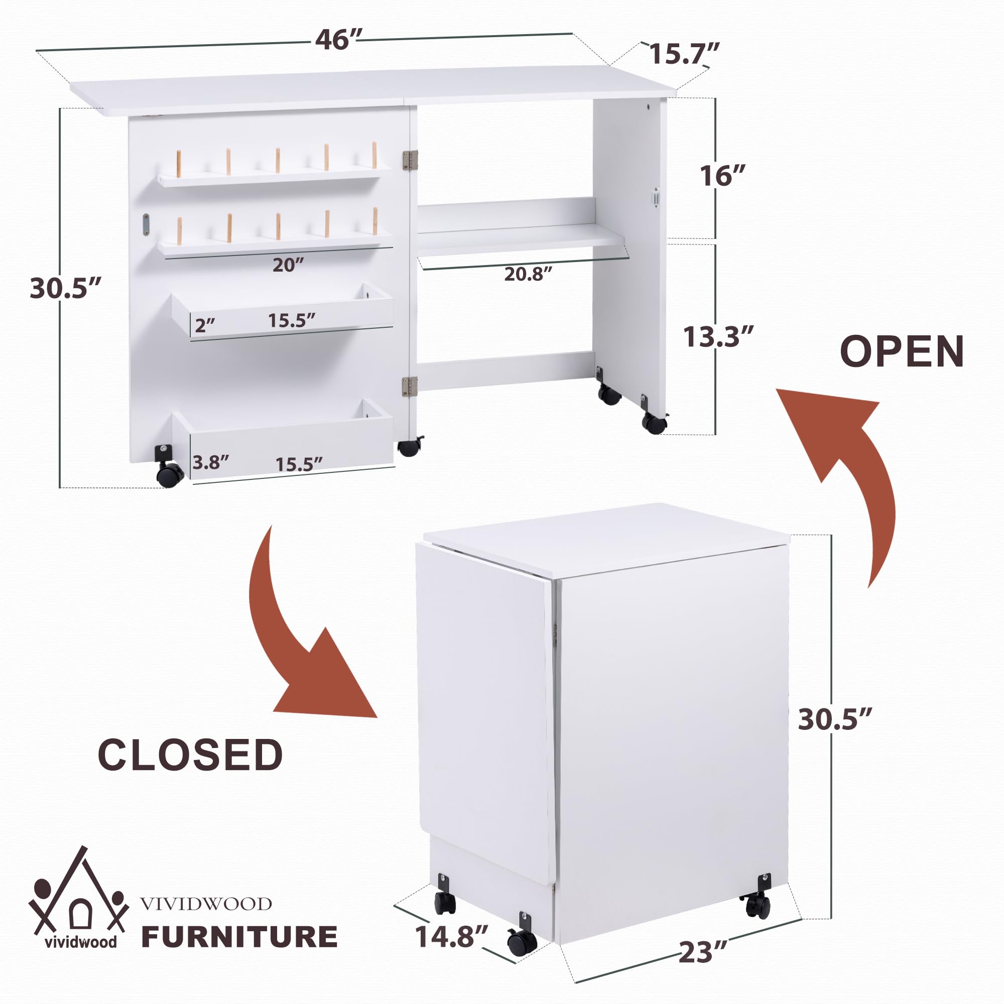 Foldable Sewing Table with Wheels & Storage - Compact Multi-Purpose Sewing Machine Table with Shelves, Bins, Pegs & Magnetic Locks (White) | Perfect for Small Spaces, Craft Rooms & Home Sewing Projects