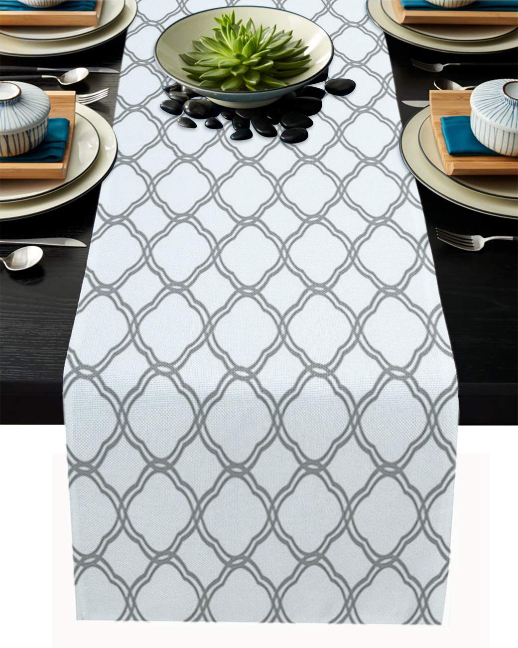 Farmhouse Burlap Table Runner - Moroccan Geometric Pattern - 14x72 Inch for Parties & Holidays