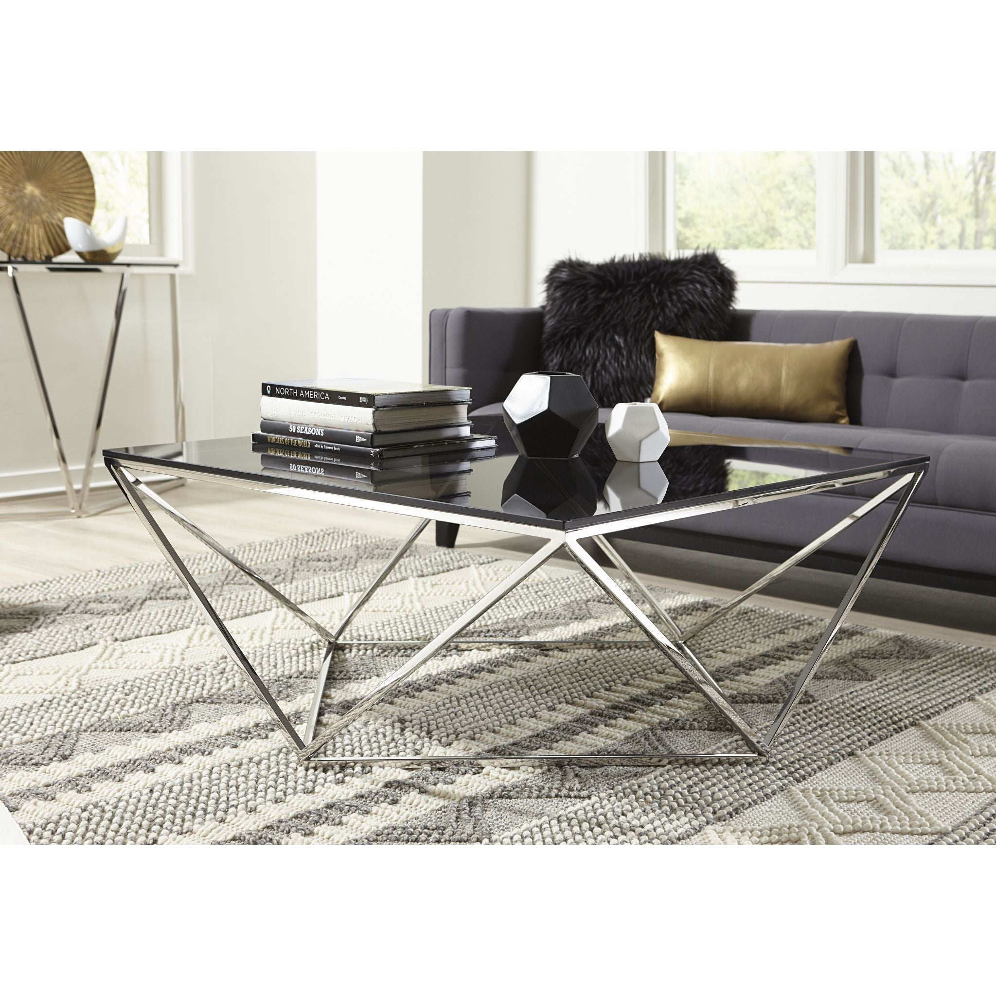 Modern Aria Coffee Table - Smoked Glass Top & Sturdy Metal Frame for Living Room, Lounge, or Office Decor