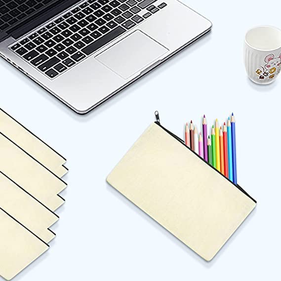 DIY Natural Cotton Canvas Makeup Pouch - Blank Zippered Toiletry Bag for Travel, Stationery & Crafts | Eco-Friendly Pen Pencil Case | Perfect for School, Office & Gift Giving (White, Pack of 8)