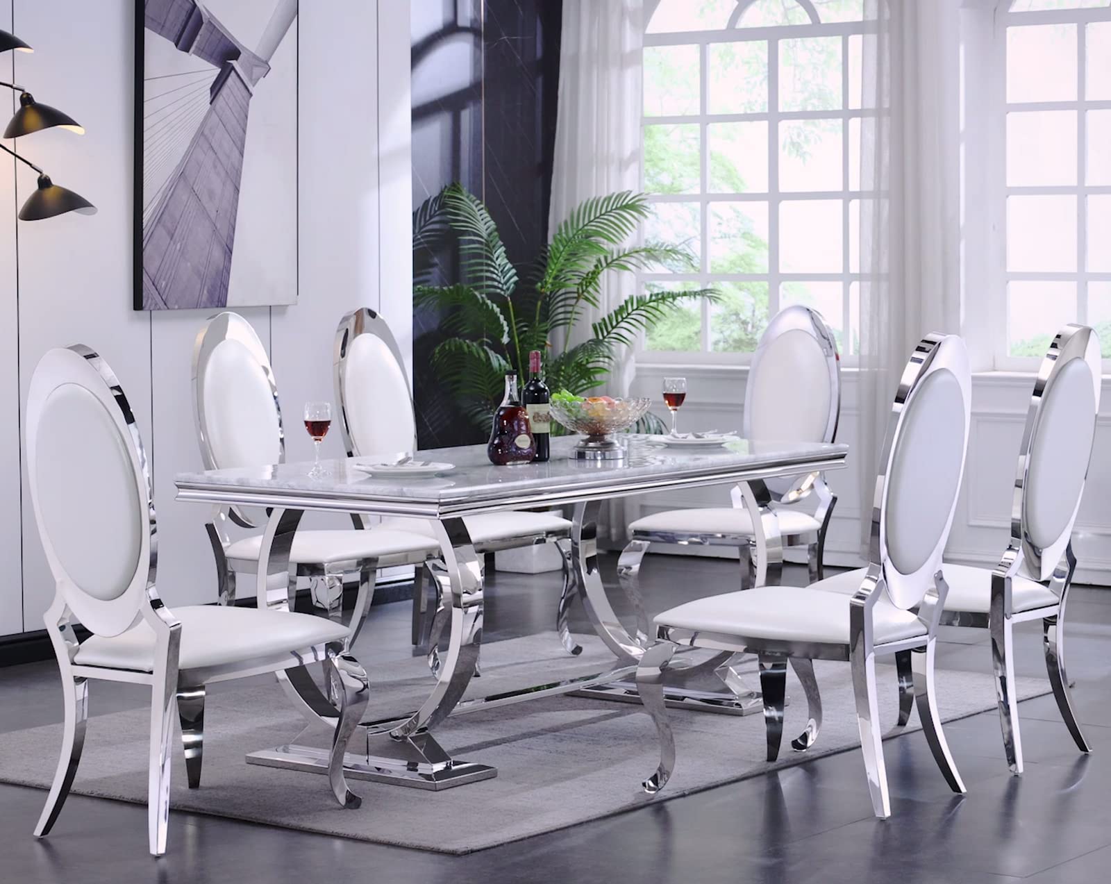 ACEDÉCOR Modern White Leather Upholstered Dining Chairs with Mirror Silver Stainless Steel Legs - Set of 4 - Elegant Contemporary Kitchen & Dining Room Furniture for Home Decor