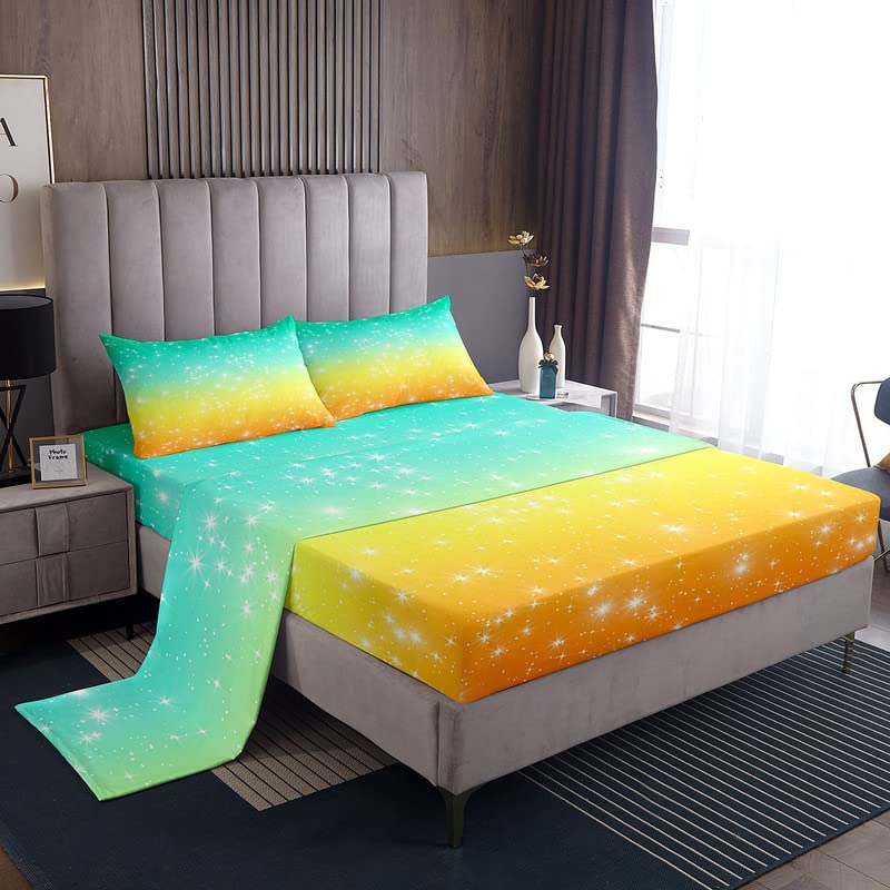Starry Sky Gradient Queen Bed Sheet Set - Green Yellow Ombre Fitted Sheet with 2 Pillowcases | Space Themed Tie-Dye Galaxy Print Bedding for Kids, Boys, Girls & Women | Perfect for Teen Rooms, Dorm Decor & Celestial Themed Bedrooms