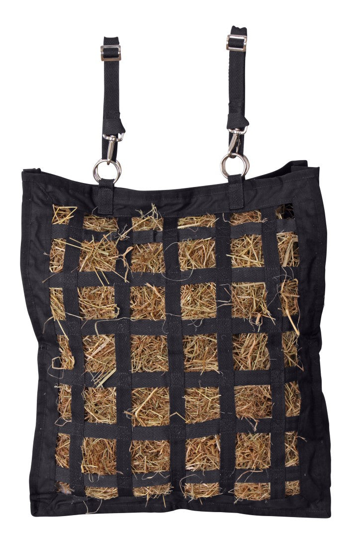 600D Black Blue Tag Lattice Hay Bag - Durable Horse Feed Net for Stable, Pasture & Trail Riding