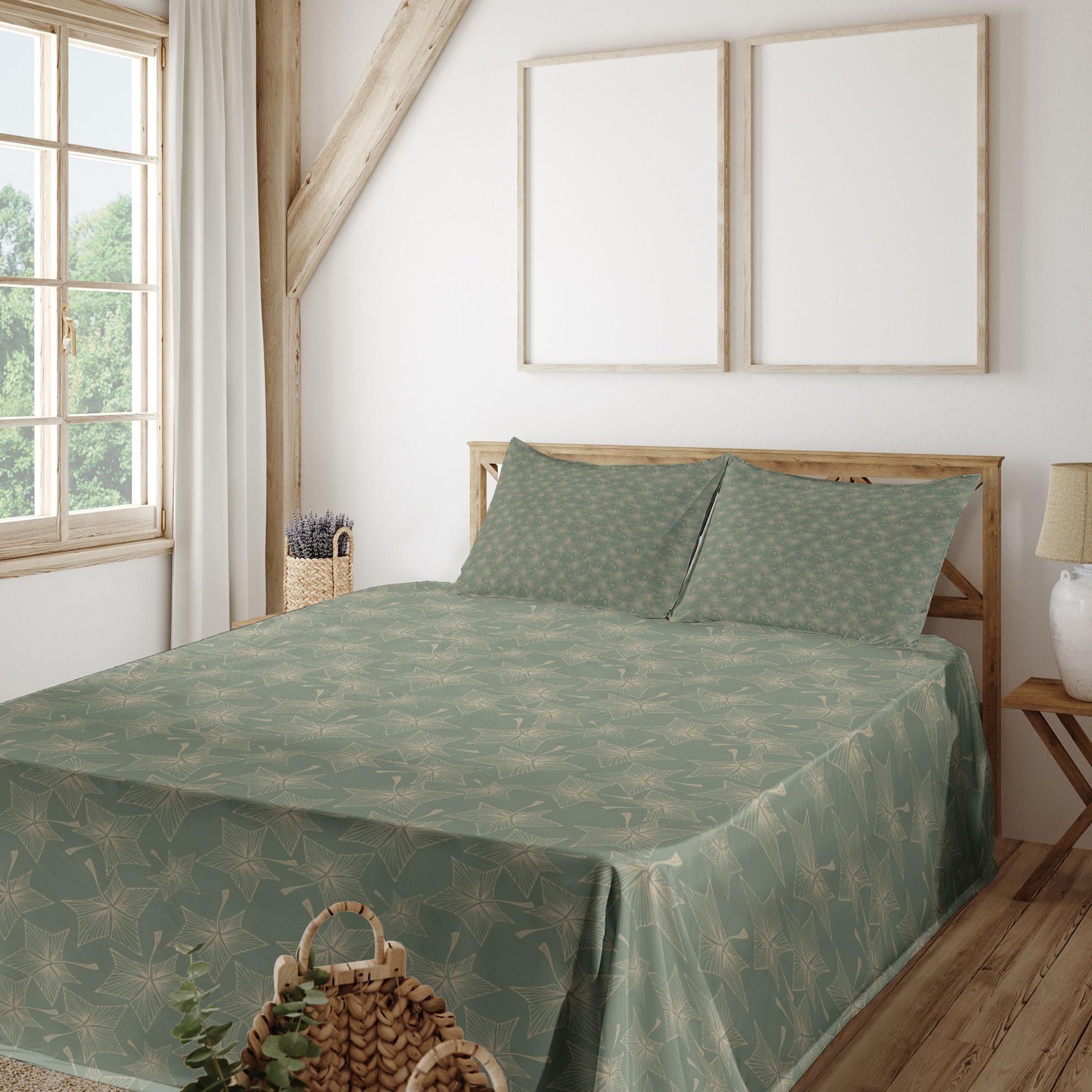 Ambesonne Abstract Autumn Leaves Star-Shaped Striped Botanical Bed Sheet Set - 4 Piece King Size with Fitted Sheet, Flat Sheet & Pillowcases in Reseda Green & Tan - Perfect for Fall-Themed Bedrooms, Guest Rooms & Cozy Seasonal Decor