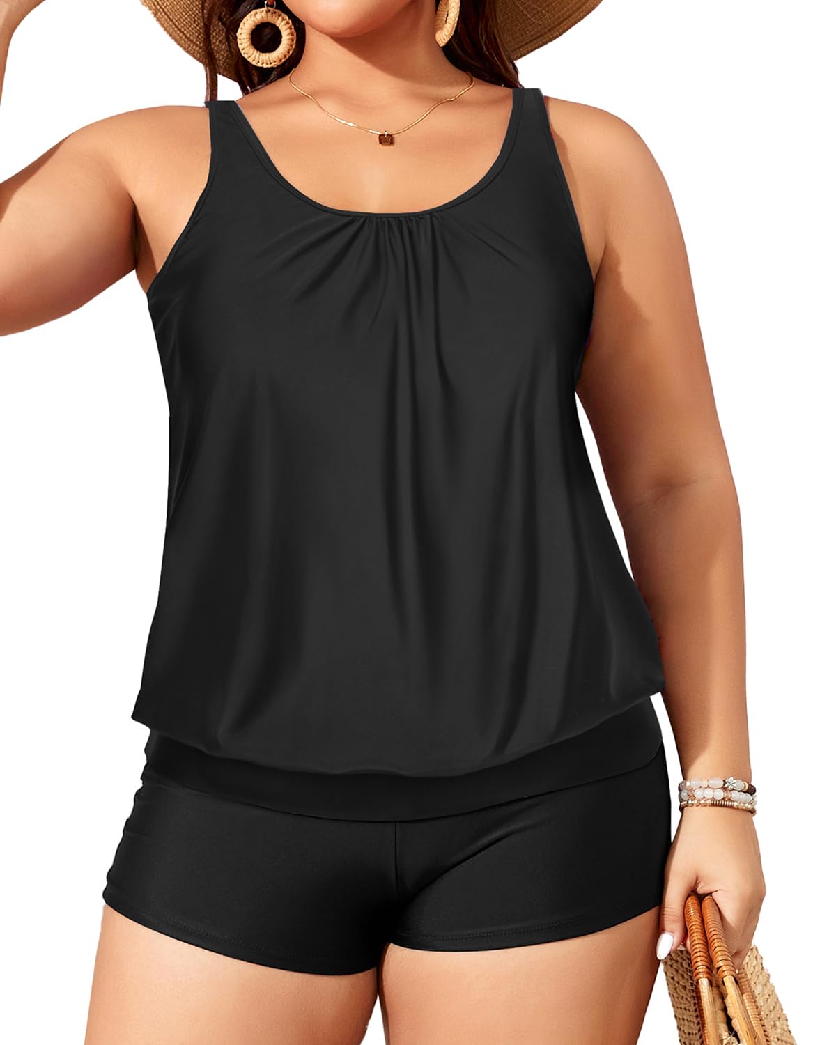 Yonique Plus Size Tankini Swimsuits for Women - Blouson Tankini Tops with Swim Shorts 2 Piece Bathing Suit | Comfortable Swimwear for Beach, Pool & Vacation
