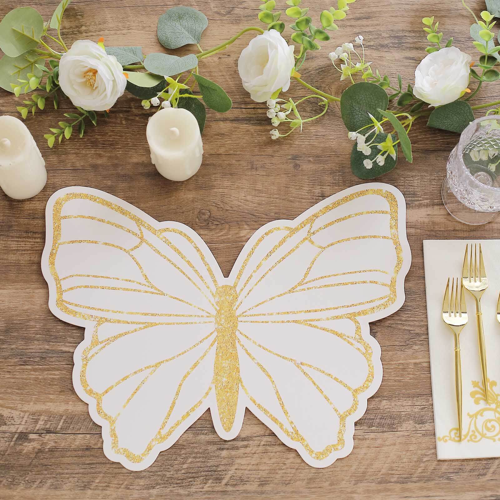 10 Pack Disposable Table Placemats with White Butterfly & Gold Glitter Design - 400GSM Thick Cardboard Placemats for Kids Birthday Parties, Baby Showers, Weddings & Holiday Celebrations - Perfect for Dining Tables, Dessert Buffets & Special Events (14 Inch)